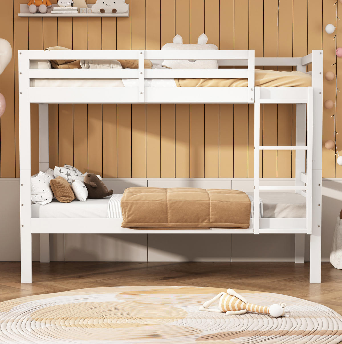 ETAGENBETT 90/200 cm Weiß aus Kiefer mit Absturzsicherung und Winkelleiter - Weiß, Holzwerkstoff (90/200cm) - OKWISH