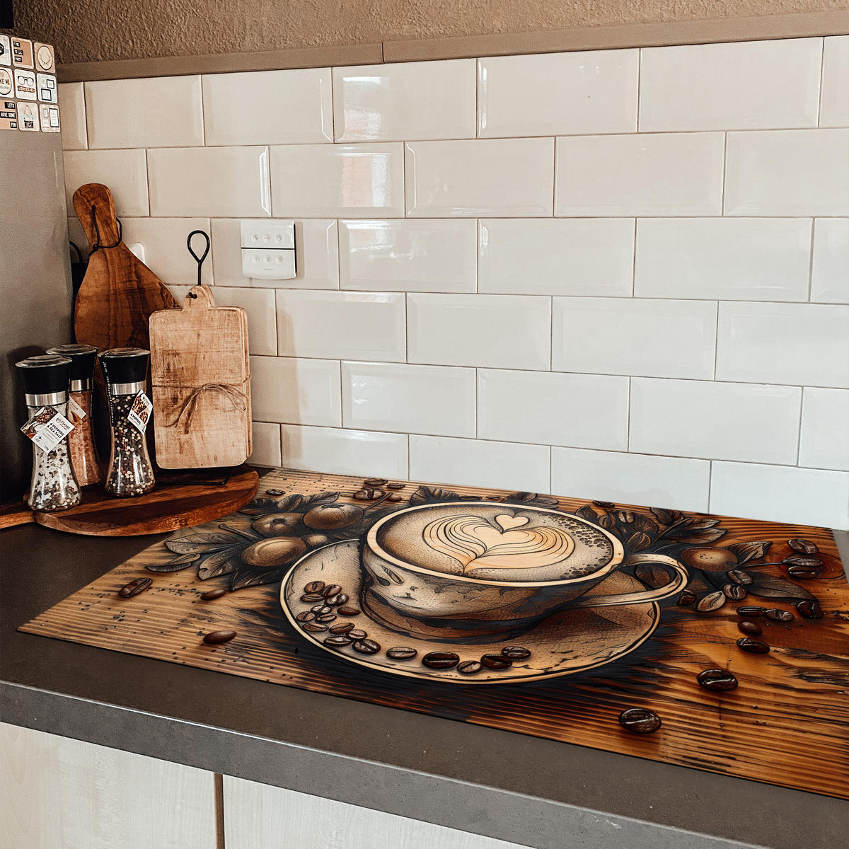 HERDABDECKPLATTE Kaffee - Vintage - Braun - Tasse - Holz 83x51 cm - Cappuccino, Kunststoff (83/51.5/0.2cm) - MuchoWow