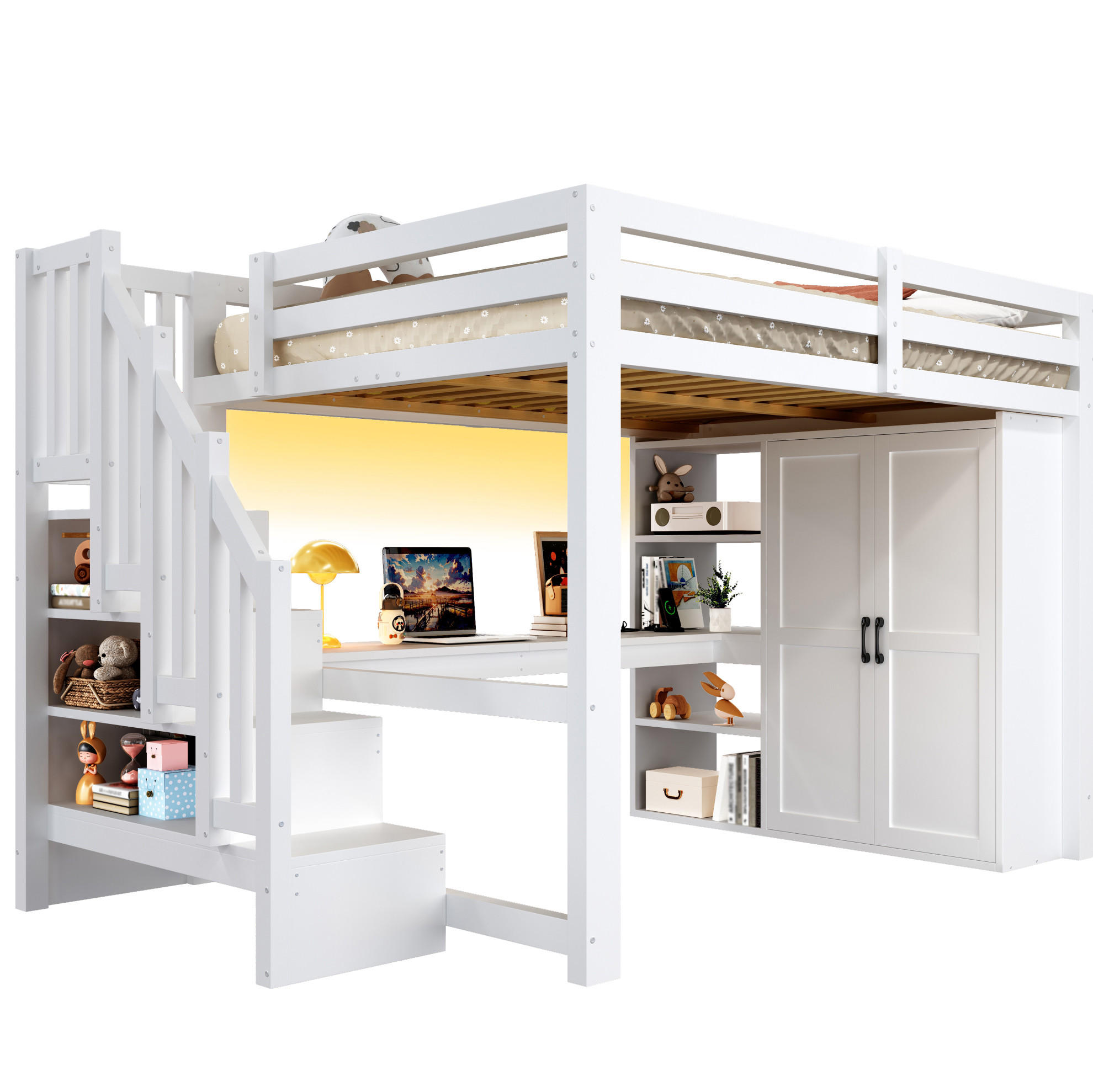 HOCHBETT aus MDF, Kiefer und Sperrholz 140x200 cm Weiß mit Schreibtisch, Regal, Kleiderschrank, Stauraumtreppe und LED-Beleuchtung - Weiß, Holzwerkstoff (140/200cm) - Modfu