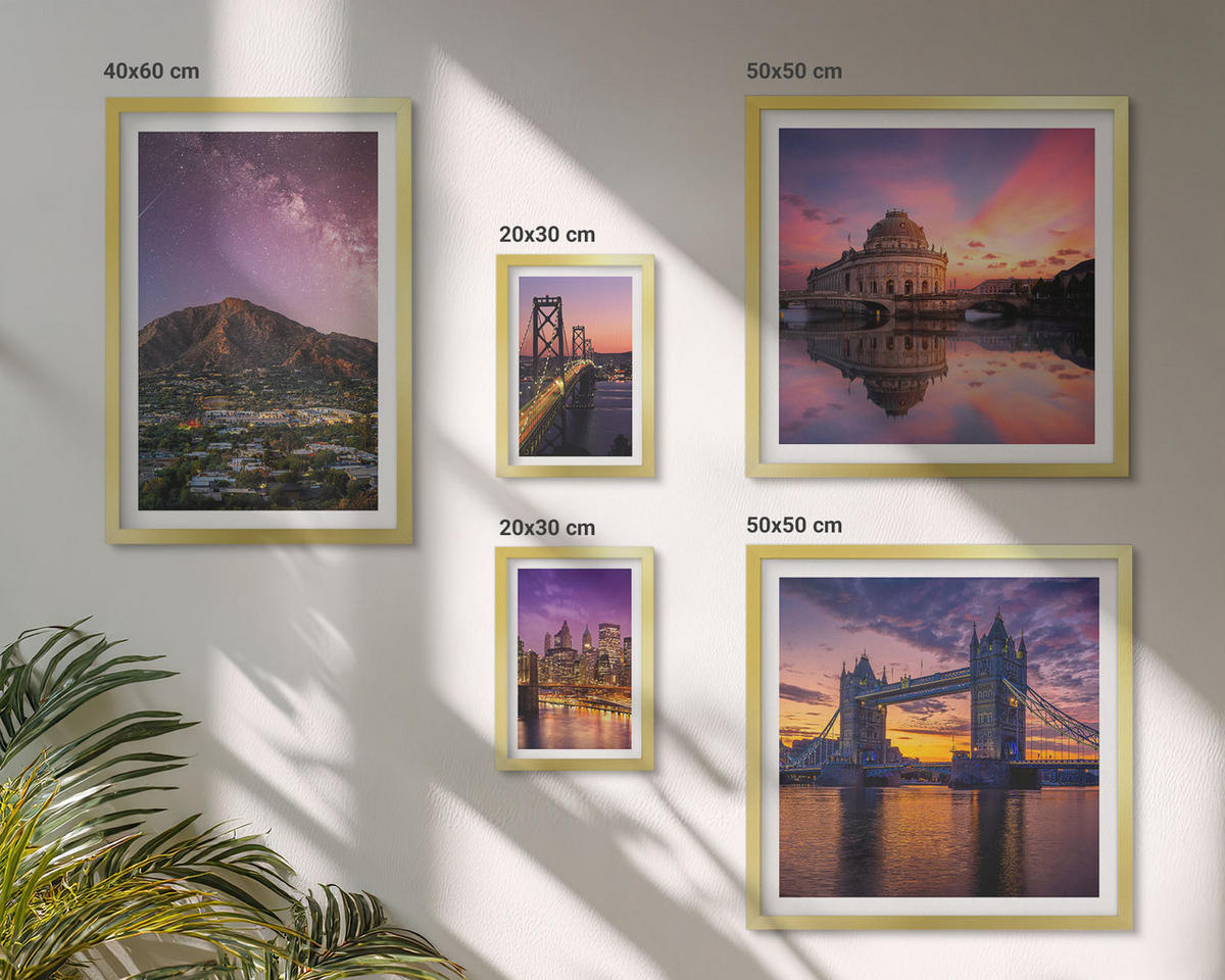 WANDBILDER 5er Set - 50x50 cm & 20x30 cm & 40x60 cm Goldrahmen - Brücken, Sonne, Stadtblick - Goldfarben, Kunststoff (40/60cm) - ArtPrintCave