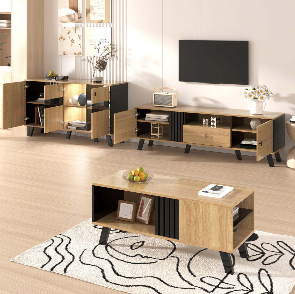 SIDEBOARD 80/120/40 cm in Holzfarben/Schwarz mit Glastüren und LED-Beleuchtung - Naturfarben, Holzwerkstoff (80/40/120cm) - Flora Grace