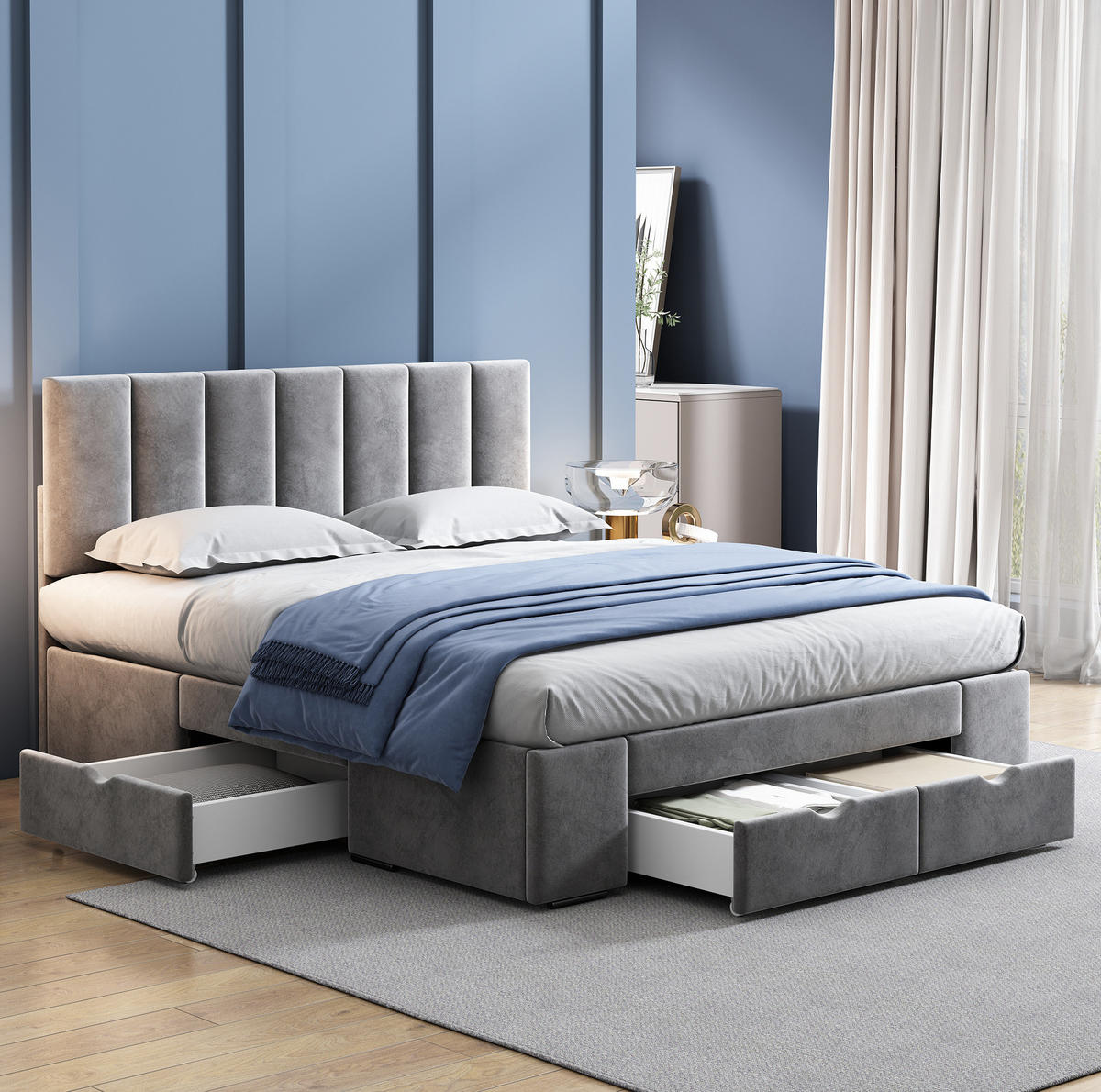 SAMT-POLSTERBETT 140/200 cm in Grau mit Lattenrost und 4 Schubladen - Grau, Textil (140/200cm) - BEAOK
