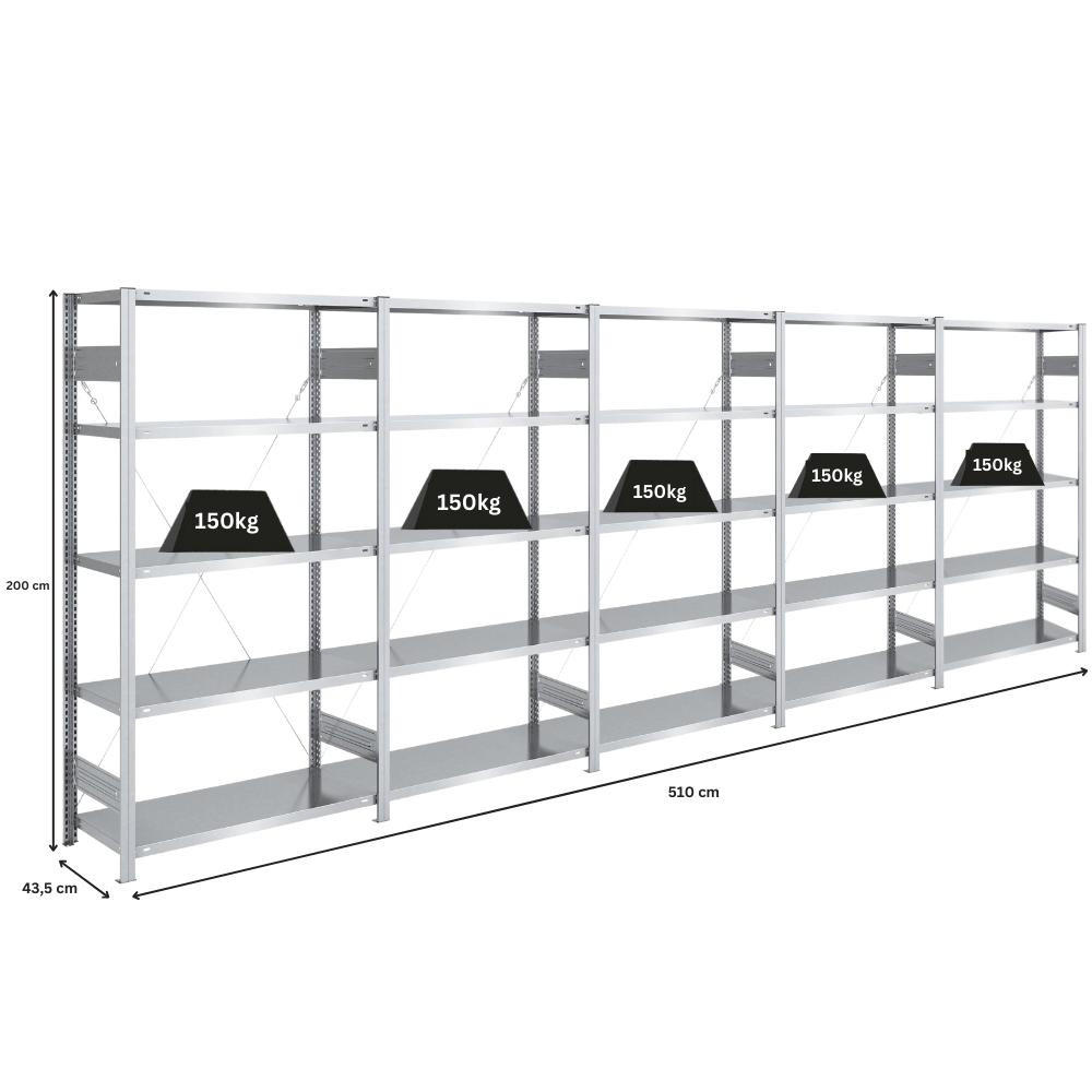 SCHWERLASTREGAL Silver Mamba 200x500x40cm 5 Ebenen je 150kg Fachlast Verzinkt - Silberfarben, Metall (500/200/40cm) - PROREGAL