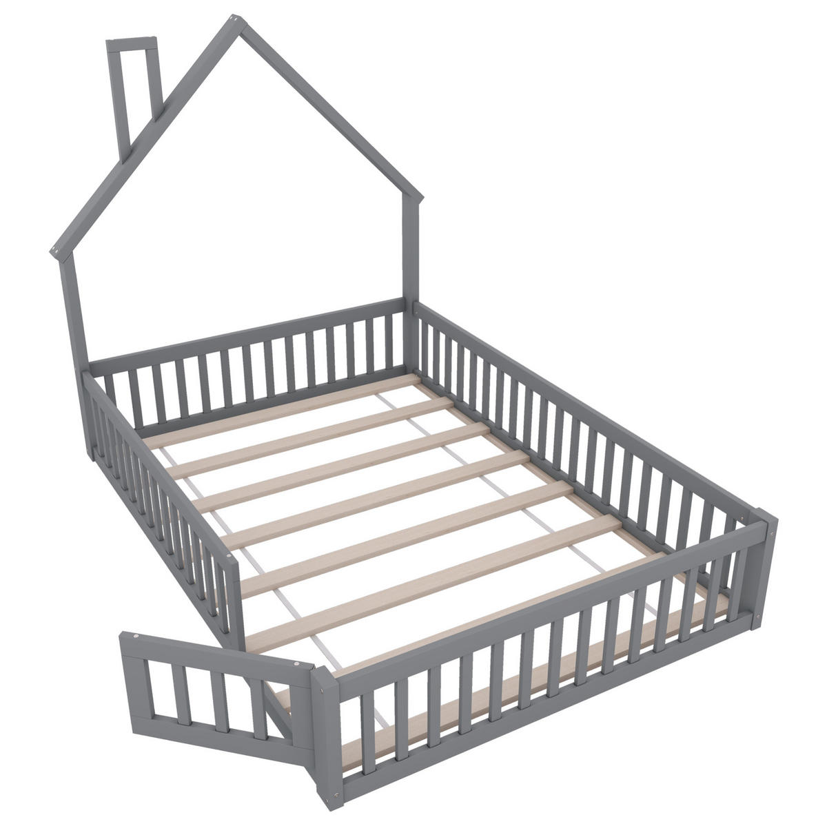 KINDERBETT 140/200 cm mit Schornsteinform, Sicherheitsgitter und Lattenrost, Kiefer /MDF, Grau - Grau, Holzwerkstoff (140/200cm) - Redom
