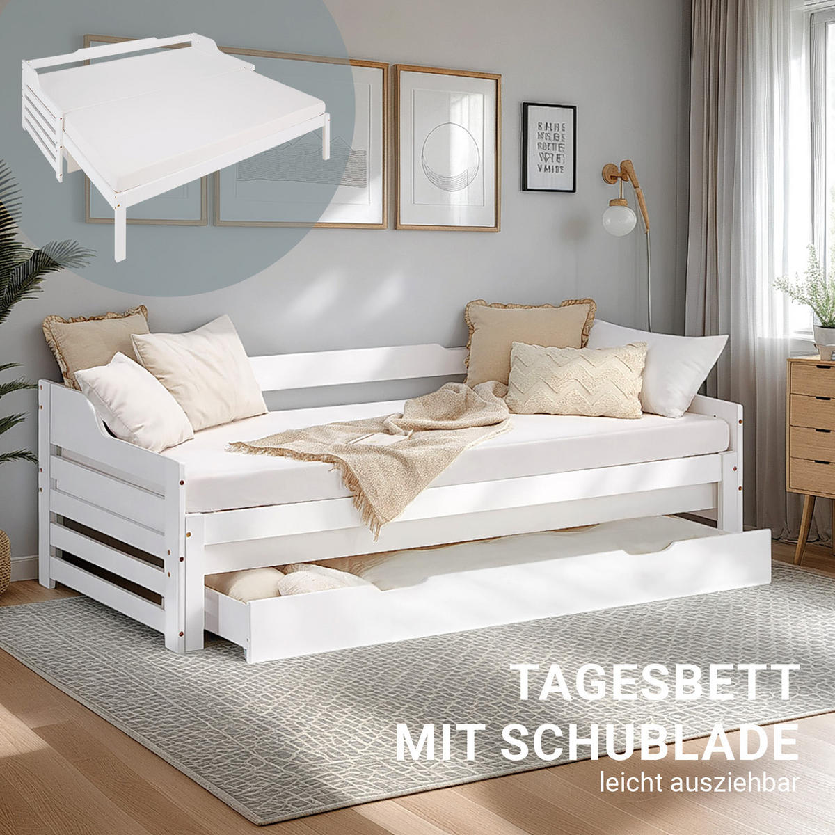 AUSZIEHBETT 90/200 cm Weiß - Weiß, Holz (90/200cm) - Homestyle4u