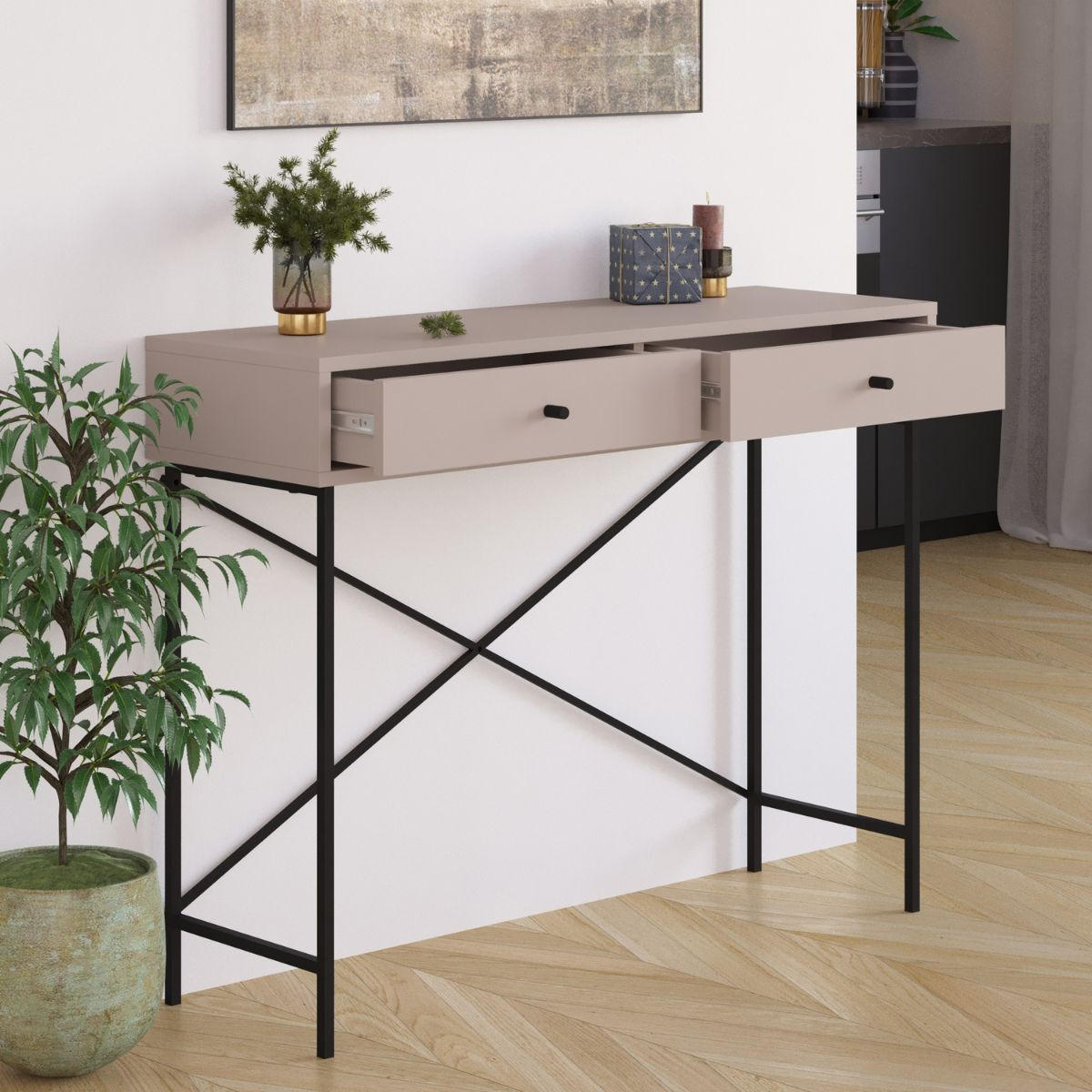 KONSOLE 2 Schubladen Farbe Mokka und Metallbeine L110 cm - Titan - Braun, Holzwerkstoff (110/35/85cm) - Calicosy
