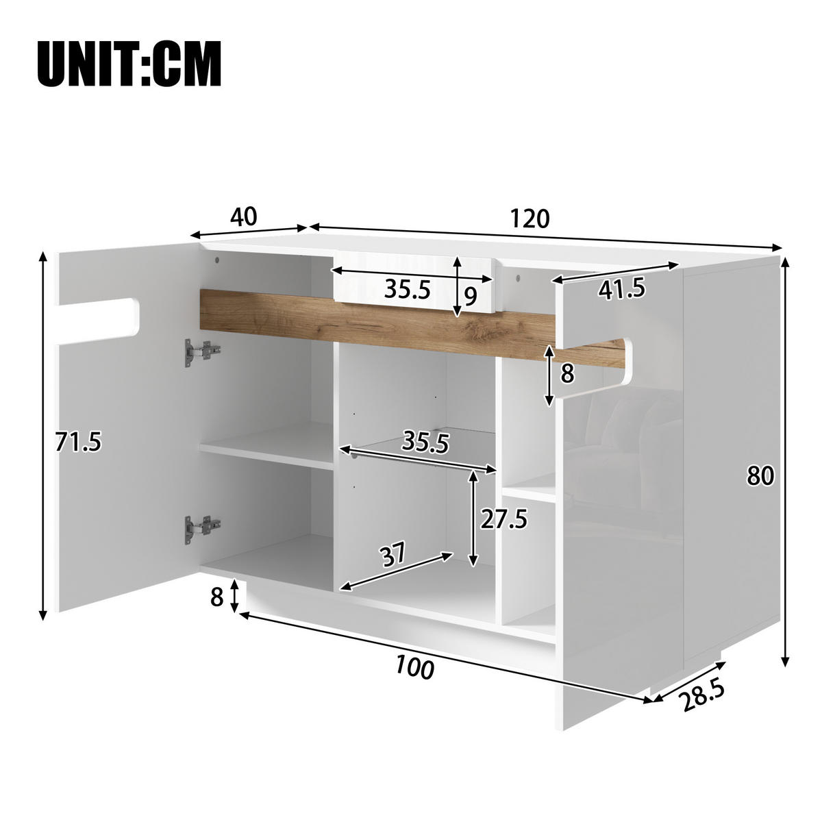SIDEBOARD in Weiß Mehrzweckschrank mit Schublade und LED, hochglänzende Fronten, B120/T40/H80 cm, für Wohn- und Küche - Weiß, Glas/Holzwerkstoff (120/80/40cm) - STILVORA