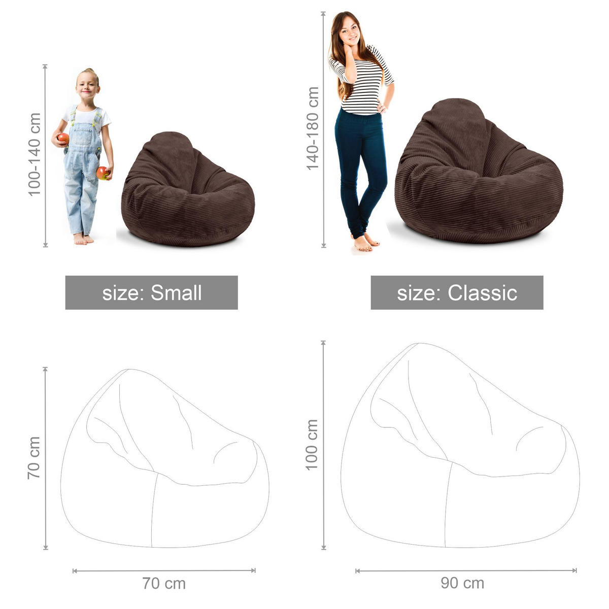 SITZSACK PARADISE MIT FUßSTÜTZE Kordsamt 2-tlg Dark Chocolate M - Dunkelbraun/Braun, Textil (90/100/90cm) - Dreamroots