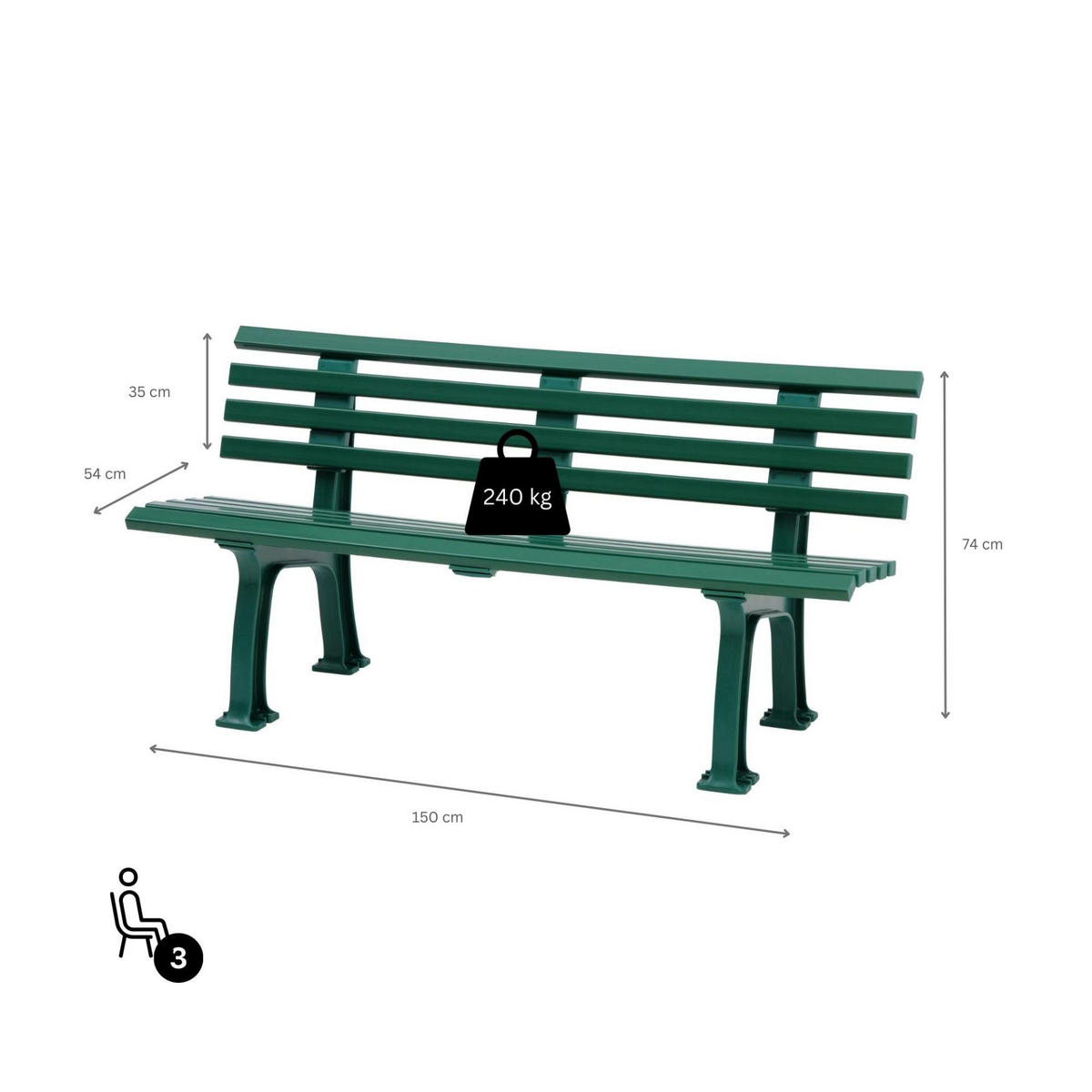 GARTENBANK Antigua 3 Sitzer Grün 74 x 150 x 54 cm Witterungskunststoff & UV Beständiger Kunststoff - Grün, Kunststoff (150/74/54cm) - PROREGAL