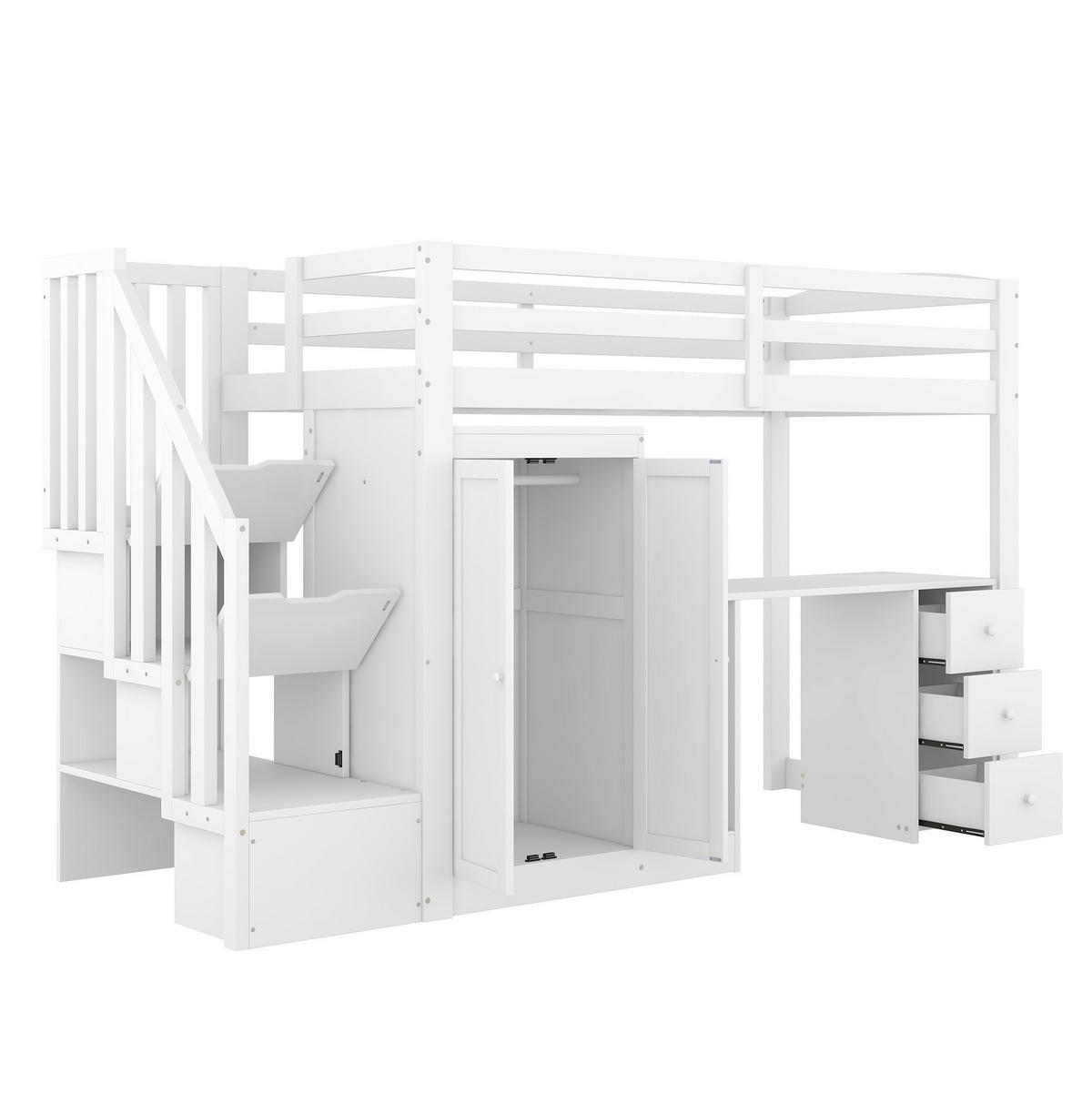 HOCHBETT 90/200 cm mit Schreibtisch, Kleiderschrank, Schubladen, Stauraumtreppe und Lattenrost aus Kiefer , Weiß - Weiß, Holzwerkstoff (90/200cm) - Redom