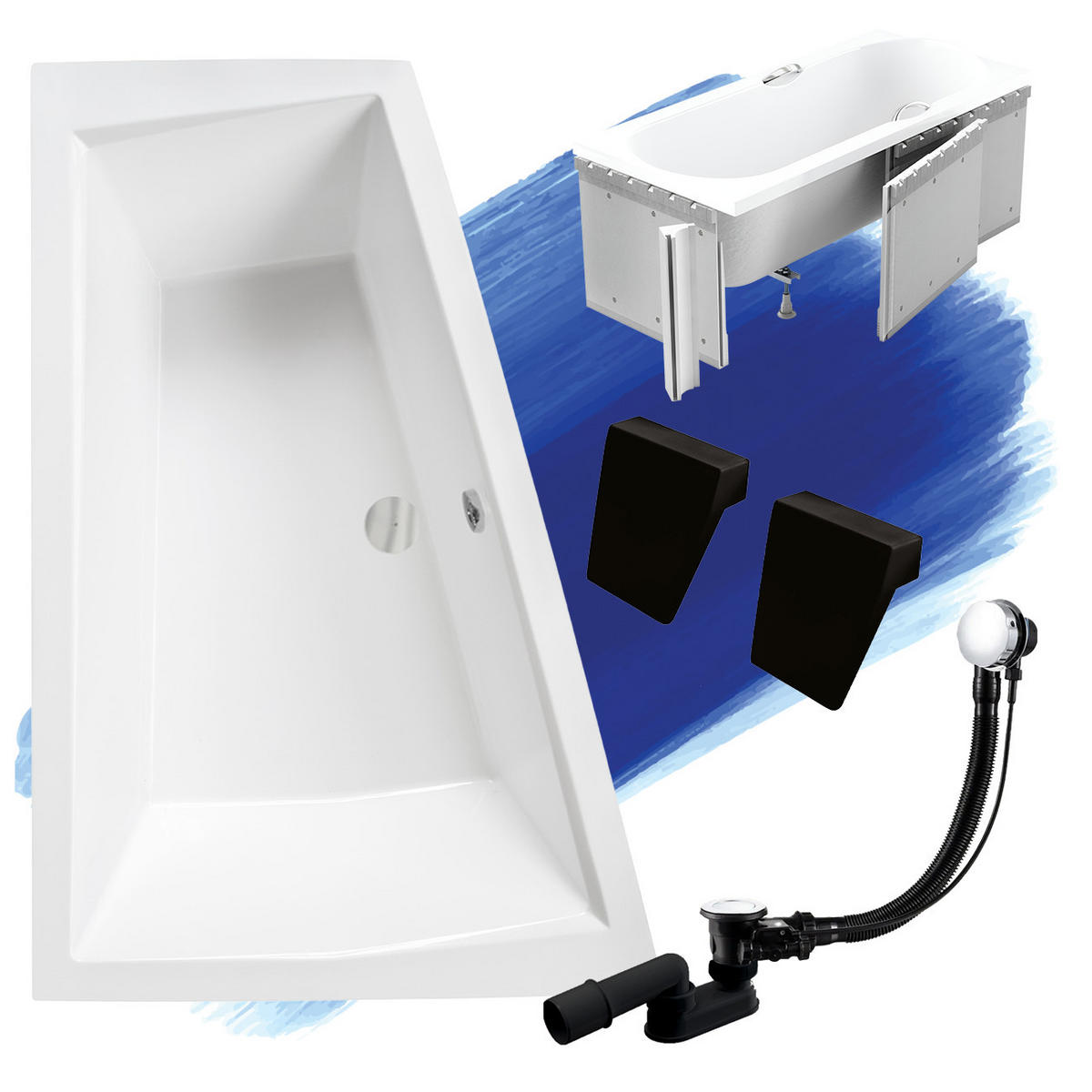 BADEWANNE Eckwanne INTIMA 180/125 Links mit Styro und 2/ Kopfstützen Ablauf Füße - Weiß, Kunststoff (125/55.5/180cm) - bad land