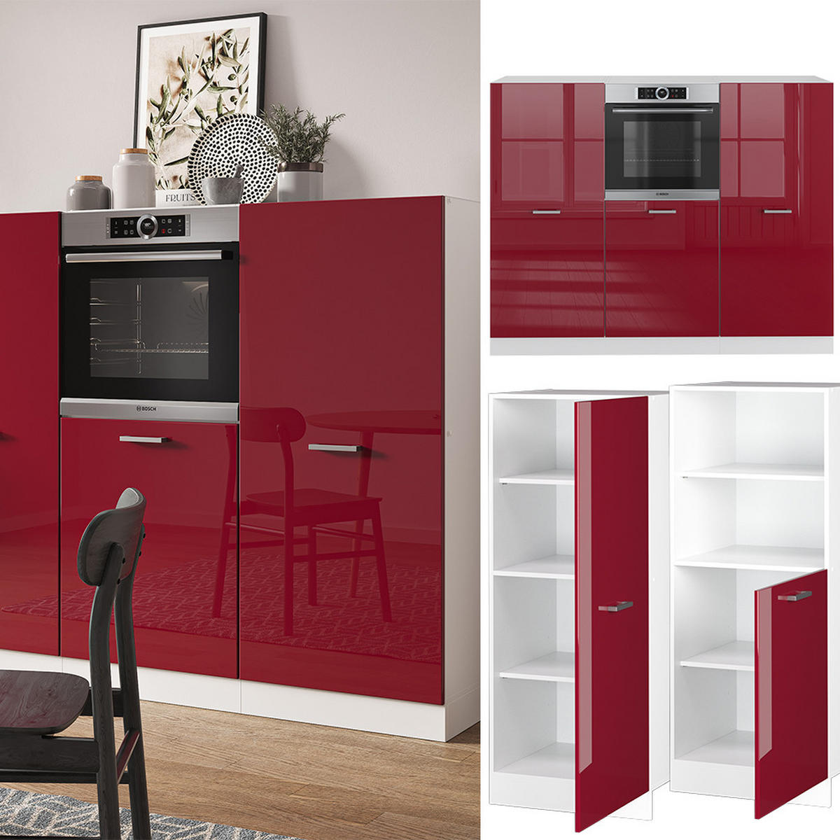KÜCHENBLOCK R-Line Rot Hochglanz/Weiß 180 cm ohne Arbeitsplatte - Rot/Weiß, Holzwerkstoff (180/81.6/46cm) - Vicco