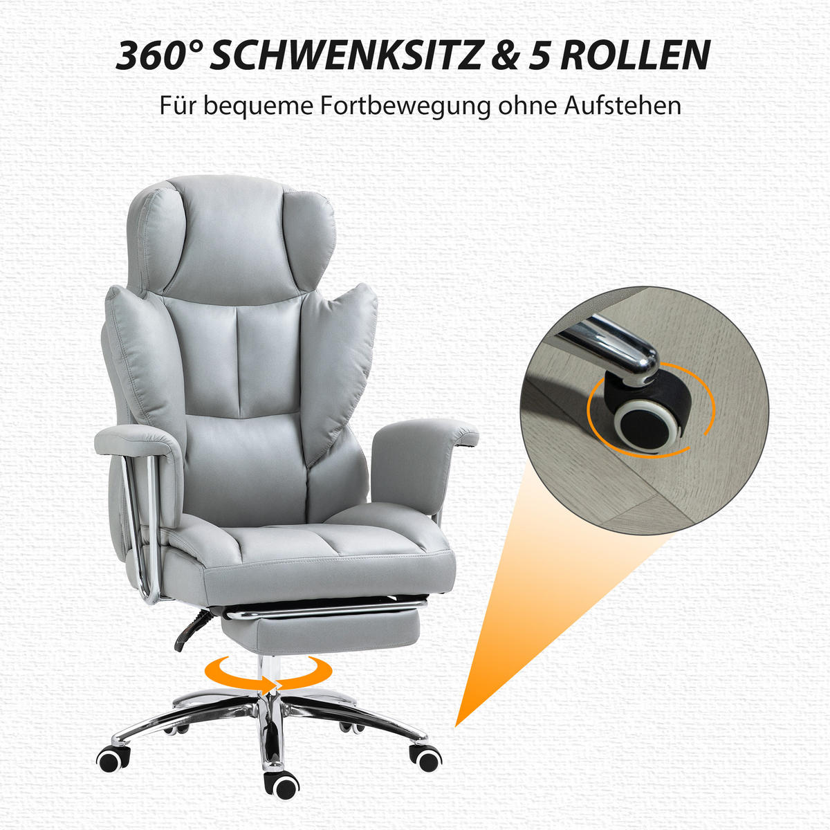 BÜROSTUHL mit Liegefunktion, ergonomisch Schreibtischstuhl, Drehstuhl Hellgrau - Chromfarben/Hellgrau, Textil/Metall (65/128/74cm) - HOMCOM