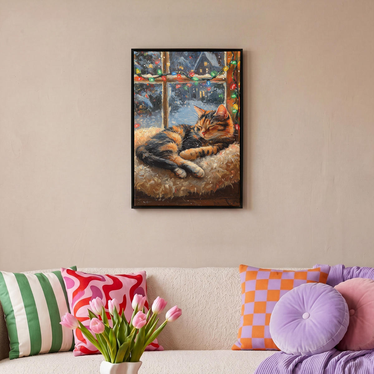 LEINWAND Bilder mit Rahmen - Katze - Weihnachten - Winter - Tier - 40x60 - Bernsteinfarben, Textil (40/60cm) - MuchoWow