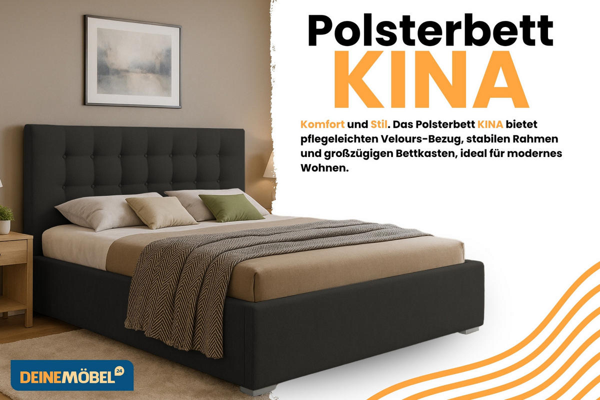 POLSTERBETT KINA 180/200 in Velours Anthrazit - Anthrazit, Holz/Holzwerkstoff (180/200cm) - Deine Möbel 24