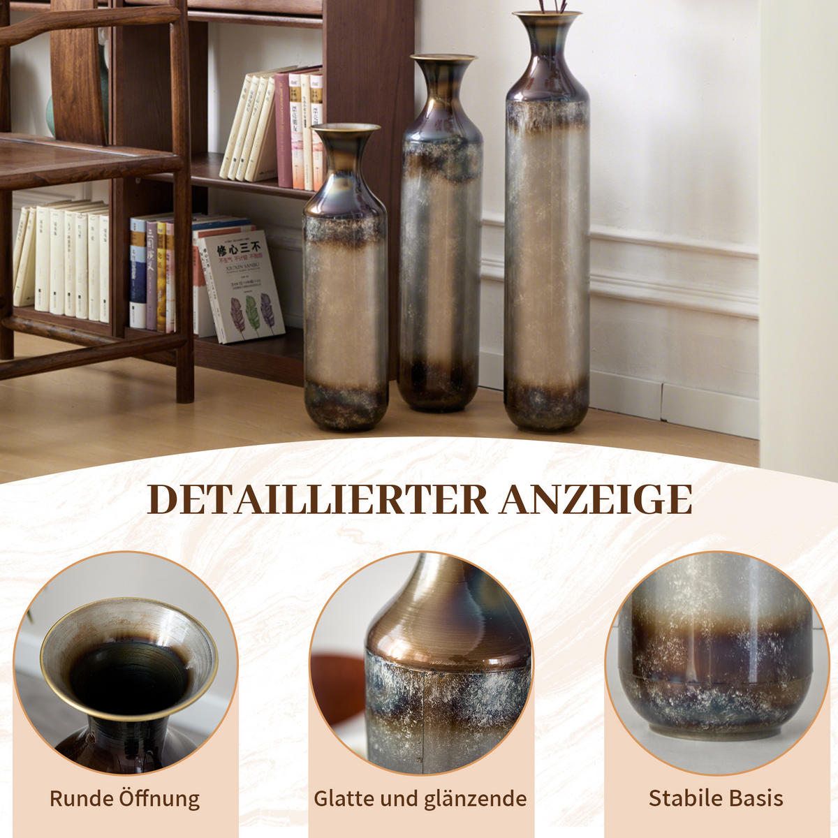 BODENVASE 3-tlg 51-72cm Metallvase handgefertigt Bodenvase Vintage-Optik Trockenblumen - Grau, Metall (78.02cm) - Raelunyi