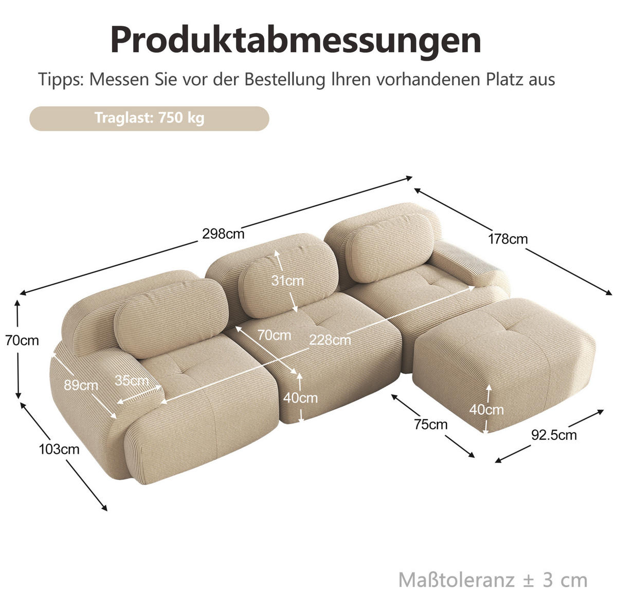 ECKSOFA Beige aus Cord, modular und montagefrei - Beige, Textil (178/298cm) - Flora Grace