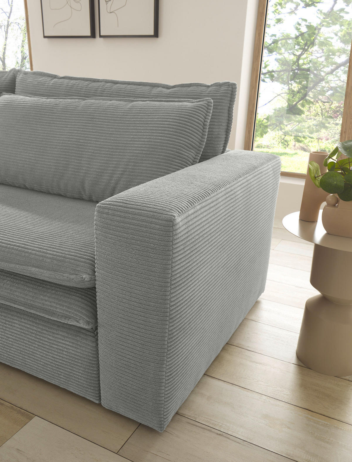 SOFA-SET hellgrau Cord, Couch 3-Sitzer mit Bettfunktion inklusive Hocker - Beige/Hellgrau, Holz/Textil (244/83/176cm) - Furn.Design