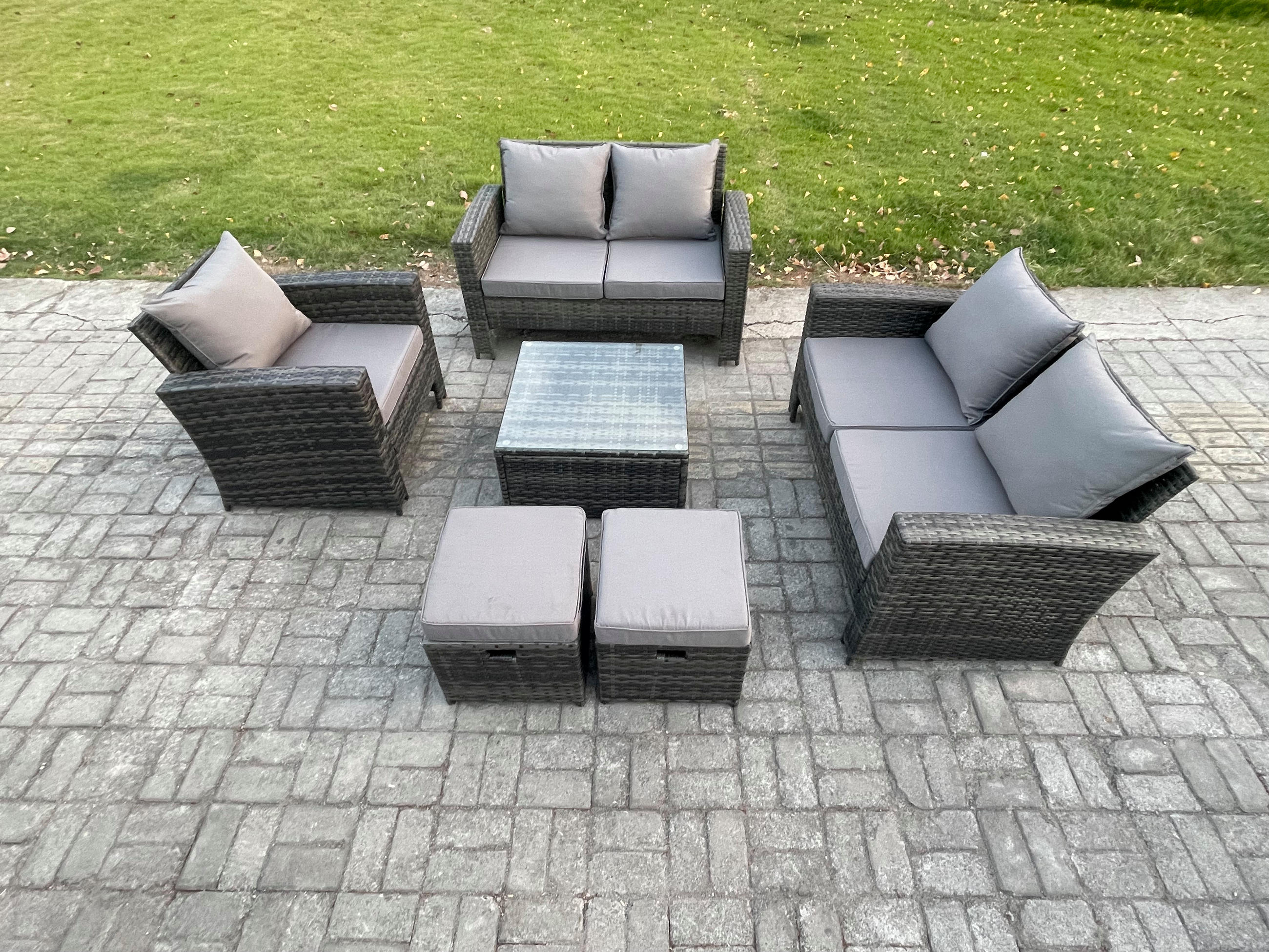 GARTENGARNITUR Polyrattan Dunkelgrau 7-Sitzer - Dunkelgrau, Metall - Fimous