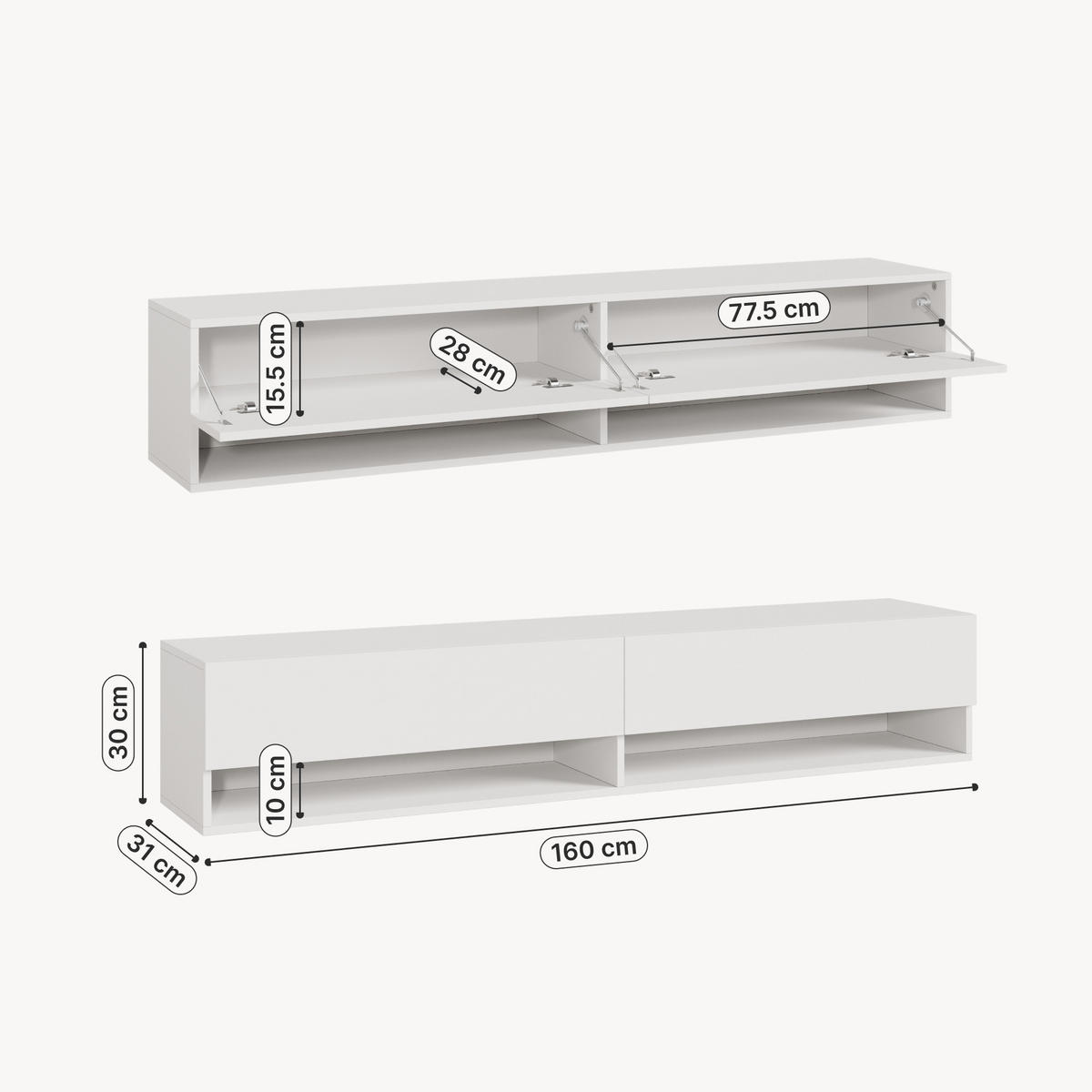 HÄNGELOWBOARD Halmstad - Weiß, Holzwerkstoff (160/30/31cm) - [en.casa]