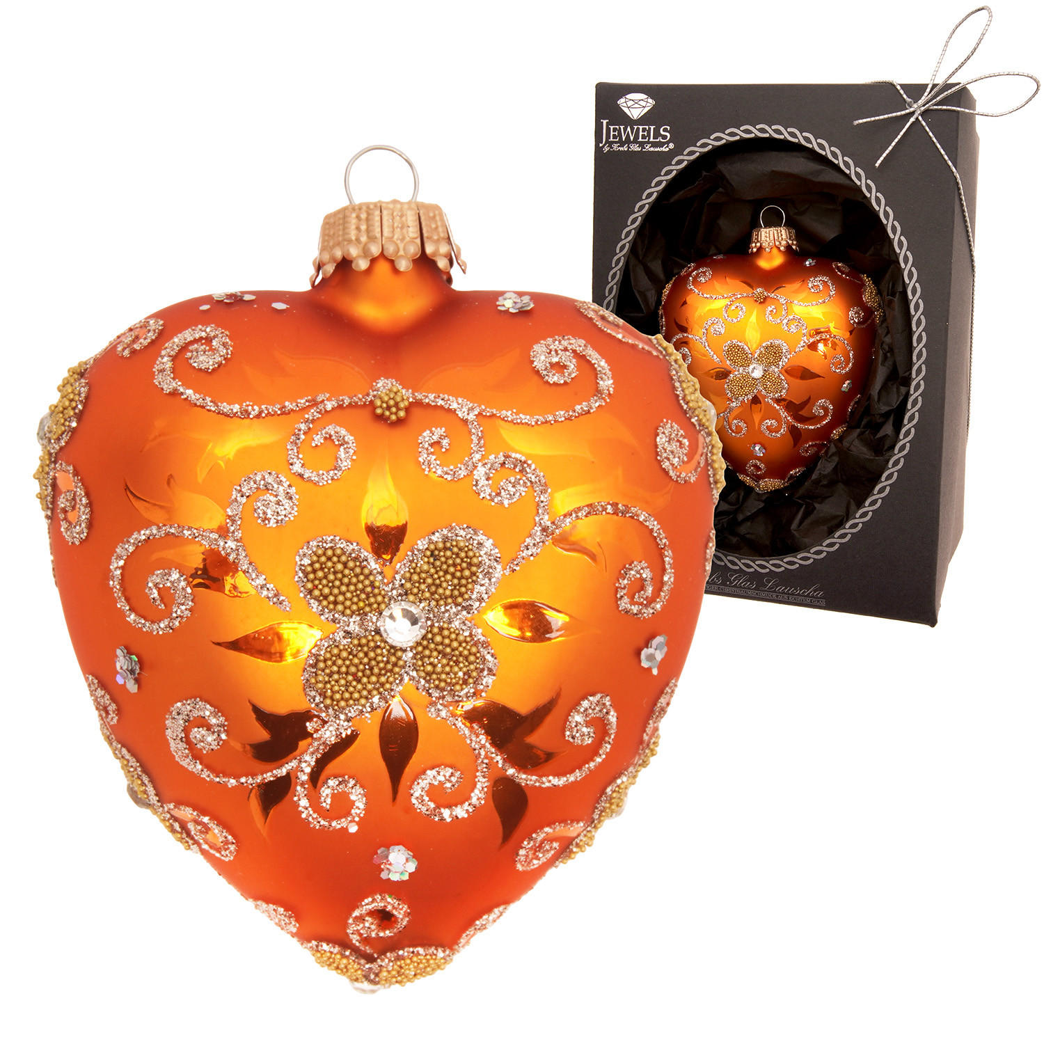 CHRISTBAUMSCHMUCK Herz Strassdekor Orange 9cm (Glas / 1 Stk.) - Orange, Glas (7/9/4cm) - Krebs Glas Lauscha