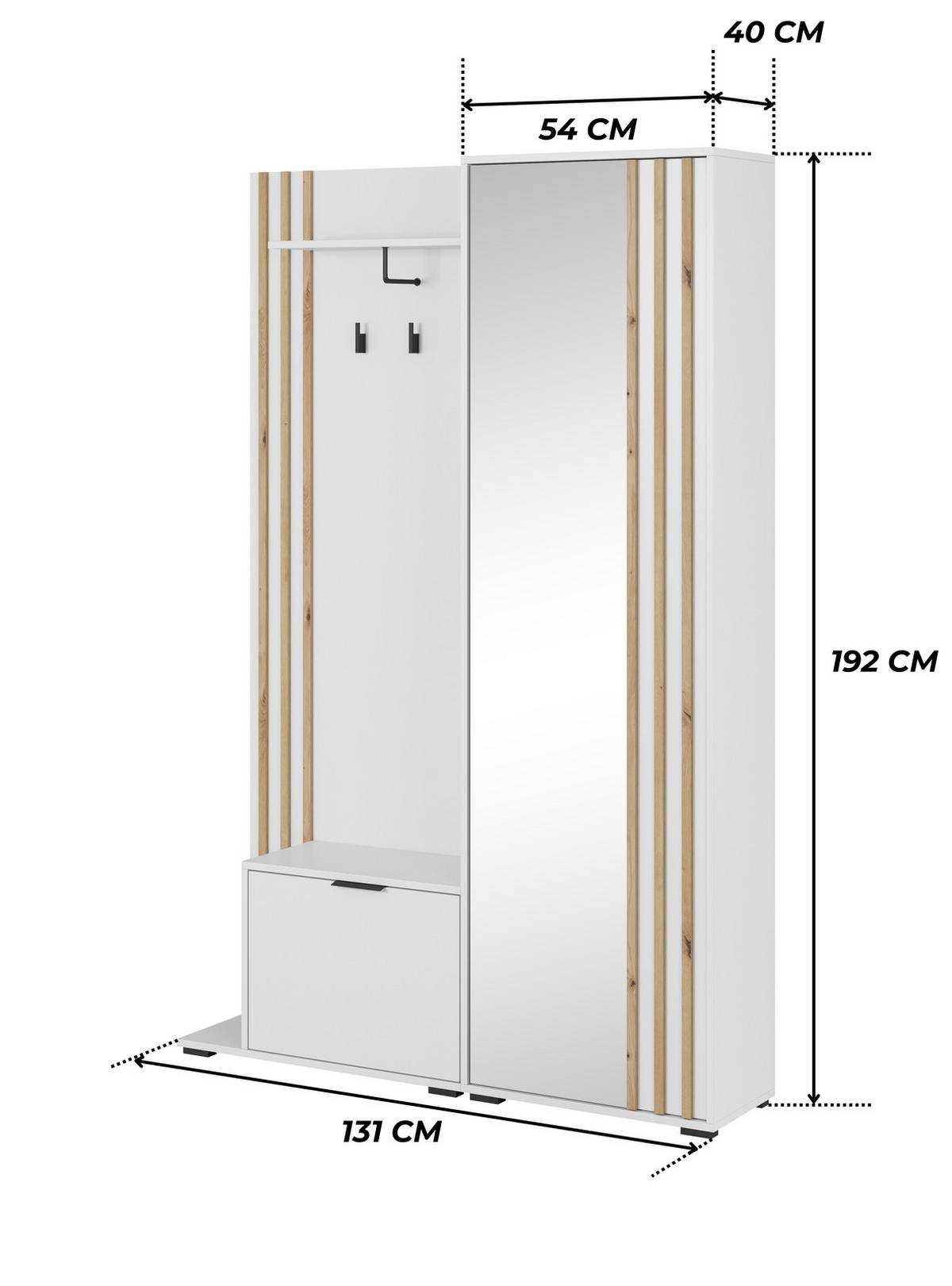 GARDEROBE STILO 131 cm (Weiß, Lamellen Artisan Eiche, Spiegel, Metallgriffe) - Schwarz/Weiß, Holz/Holzwerkstoff (131/192/40cm) - Ravio