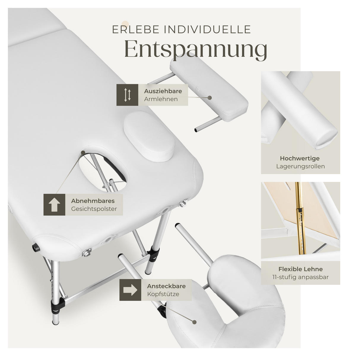 MASSAGELIEGE 3 Zonen, 210 x 95 x 89 cm,weiß - Weiß, Metall (95/89/210cm) - tectake