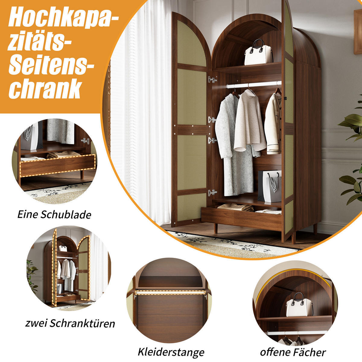 KLEIDERSCHRANK Gebogene Türen Stauraum Schubladen Modern - Walnussfarben, Holzwerkstoff (80/179/50cm) - FLIEKS