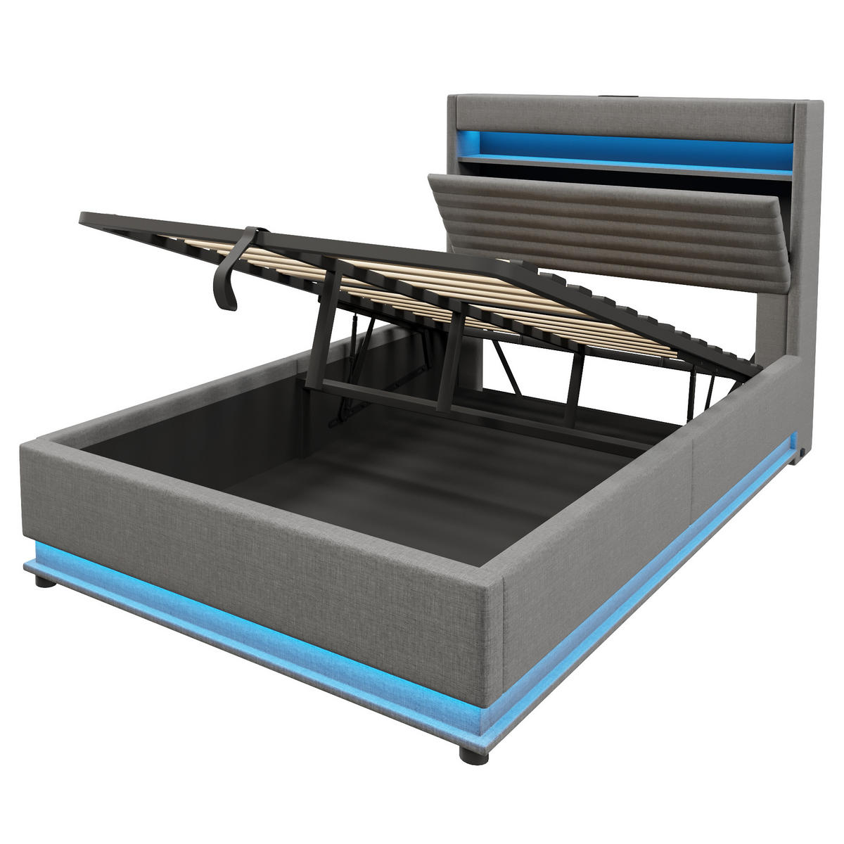 POLSTERBETT 140/200 cm in Grau mit Bettkasten, LED und USB Leinen - Grau, Holzwerkstoff/Textil (140/200cm) - STILVORA