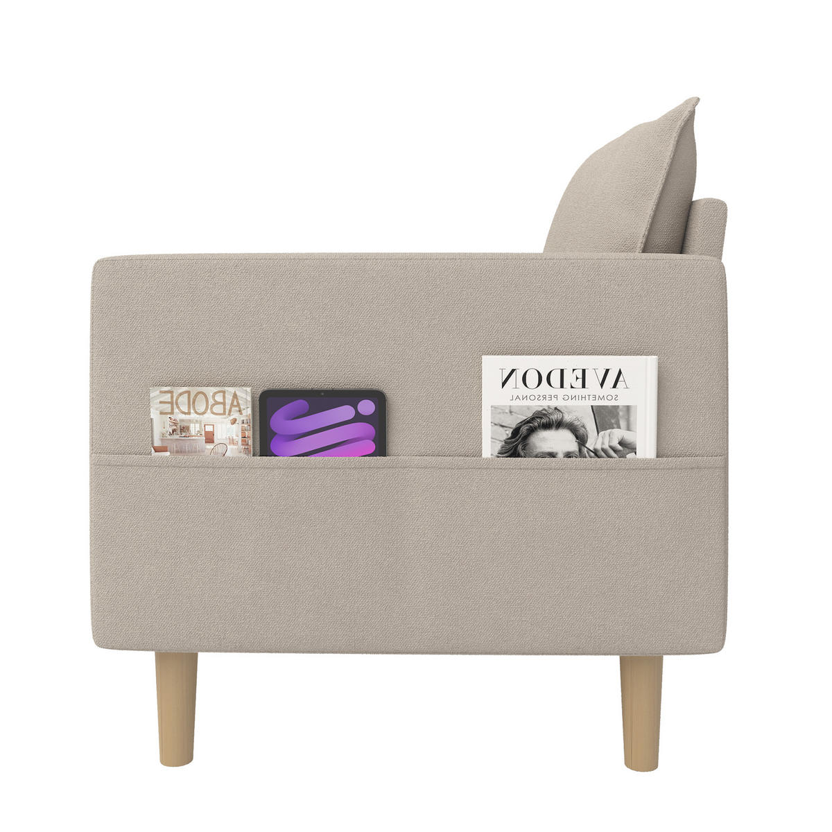 SESSEL Chenille Khaki mit Seitentasche und Kissen - Hellbraun, Holz/Holzwerkstoff (71/82/68cm) - WISHDOR