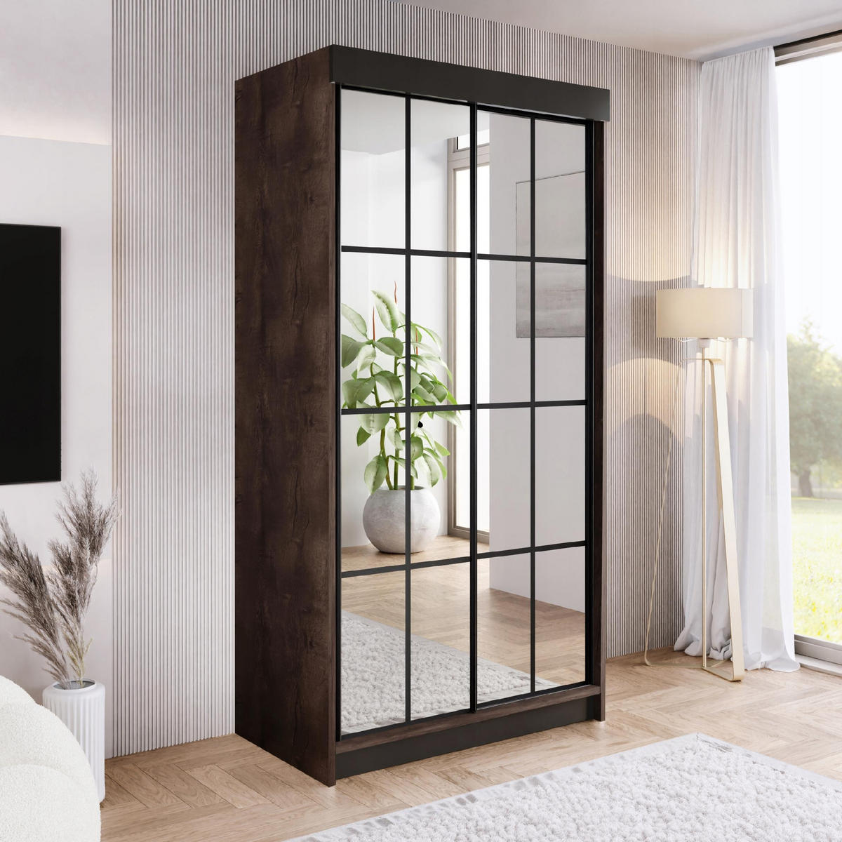 SCHIEBETÜRENSCHRANK ARI 2 mit Spigel 100 - Dunkle Esche - Eschefarben/Schwarz, Holzwerkstoff (100/200/62cm) - Kier Furniture