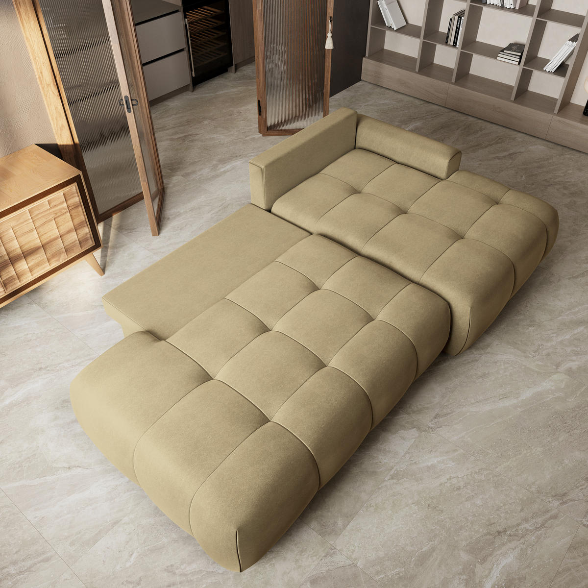 ECKSOFA FLUMA CL R-S Senfgelb Samtstoff mit Schlaffunktion - Currygelb, Holzwerkstoff/Textil (279/158cm) - MASSENO