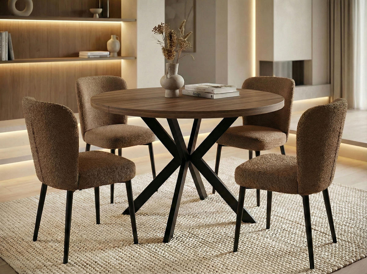 ESSTISCH Valeo runder ausziehbarer, Walnuss Braun 100-180/100/76 cm - Walnussfarben/Schwarz, Holzwerkstoff/Metall (100/100/76cm) - WFL GROUP