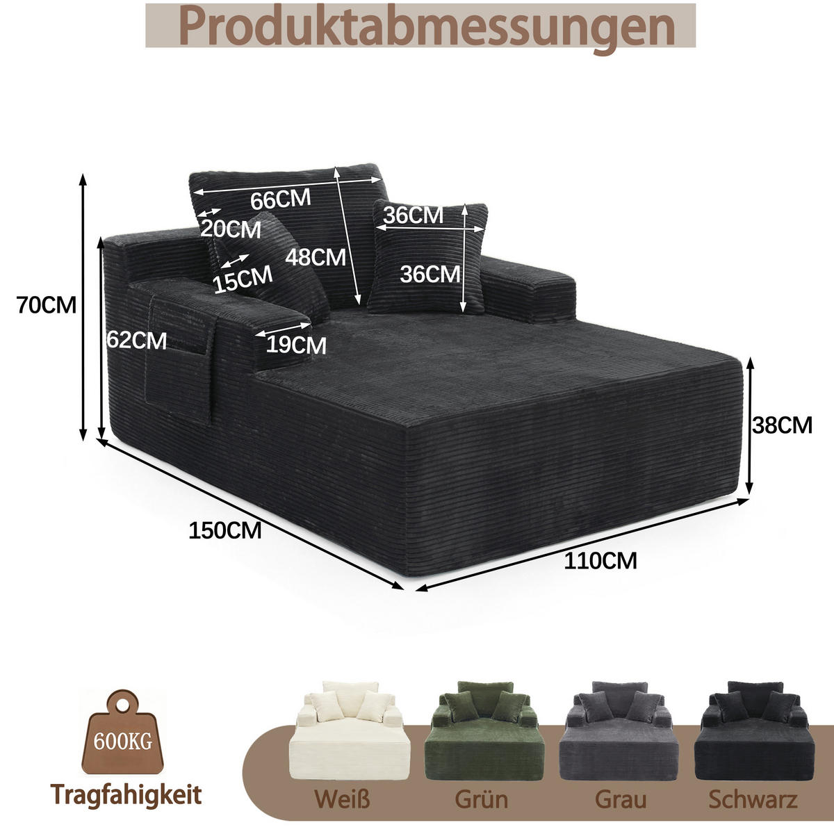 SCHLAFSOFA DE-34580 mit Seitentaschen Schwarz - Schwarz, Textil (70/150/110cm) - ComfortXL