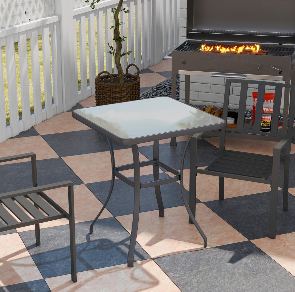 GARTENTISCH 68,5/68,5/84 cm mit gehärteter Glasplatte und pflegeleichtem Metallgestell, Schwarz - Naturfarben, Metall (68.5/68.5/84cm) - Redom