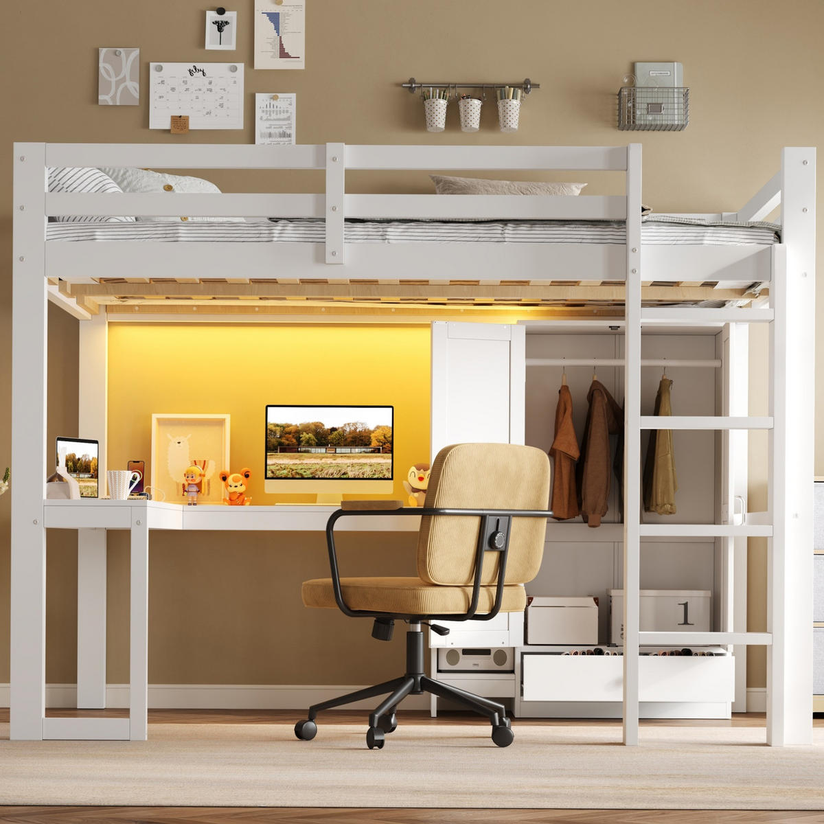 HOCHBETT aus Kiefernholz 140x200 cm Weiß mit Schreibtisch, Kleiderschrank, USB-Anschluss und LED-Beleuchtung - Weiß, Holzwerkstoff (140/200cm) - Modfu