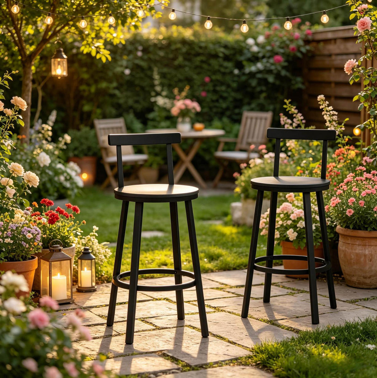 HOCKER 2er-Set mit Rückenlehne 51,5 x 51,5 x 89 cm Schwarz - Schwarz, Metall (51.5/89/51.5cm) - Meubliv