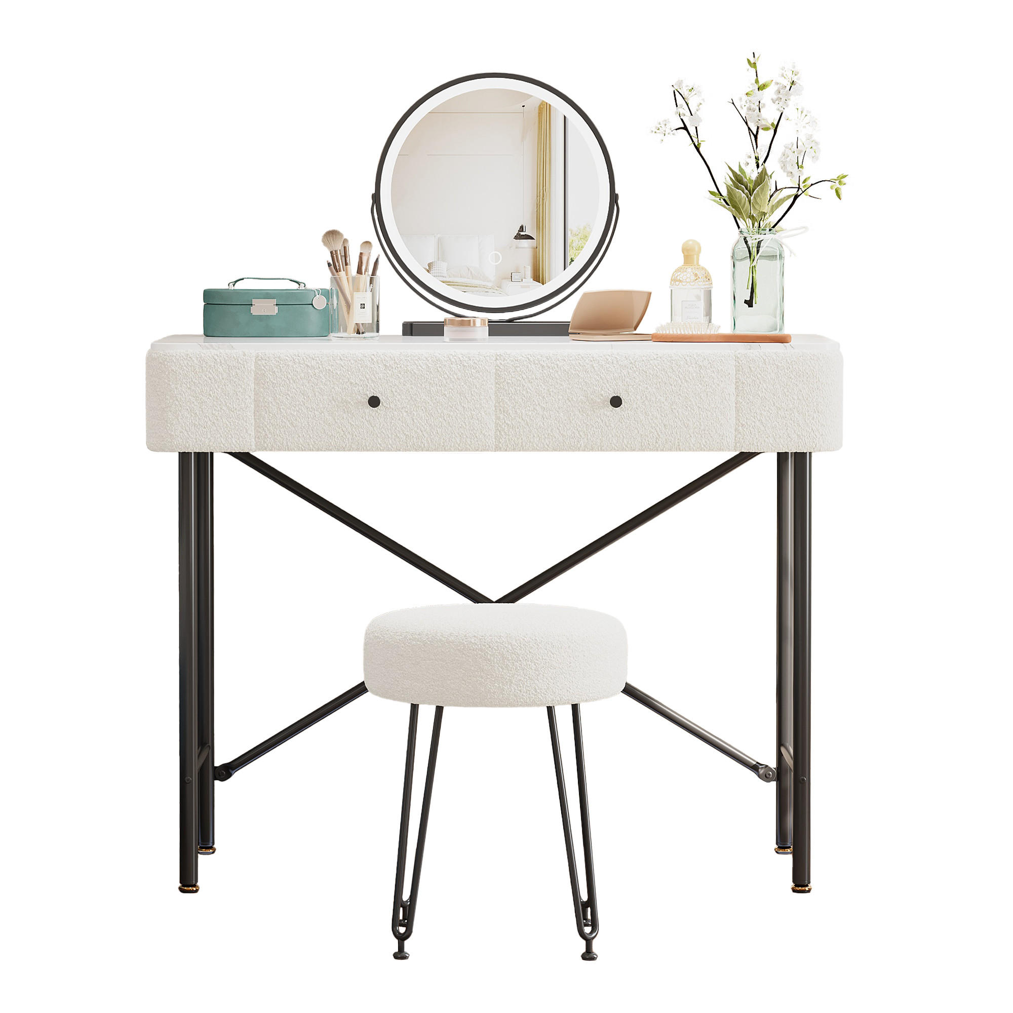 SCHMINKTISCH SCHWARZ/WEISS mit LED-Spiegel Marmoroptik und Hocker 100x40x120 cm - Weiß, Holzwerkstoff (40/120/100cm) - Bomclap