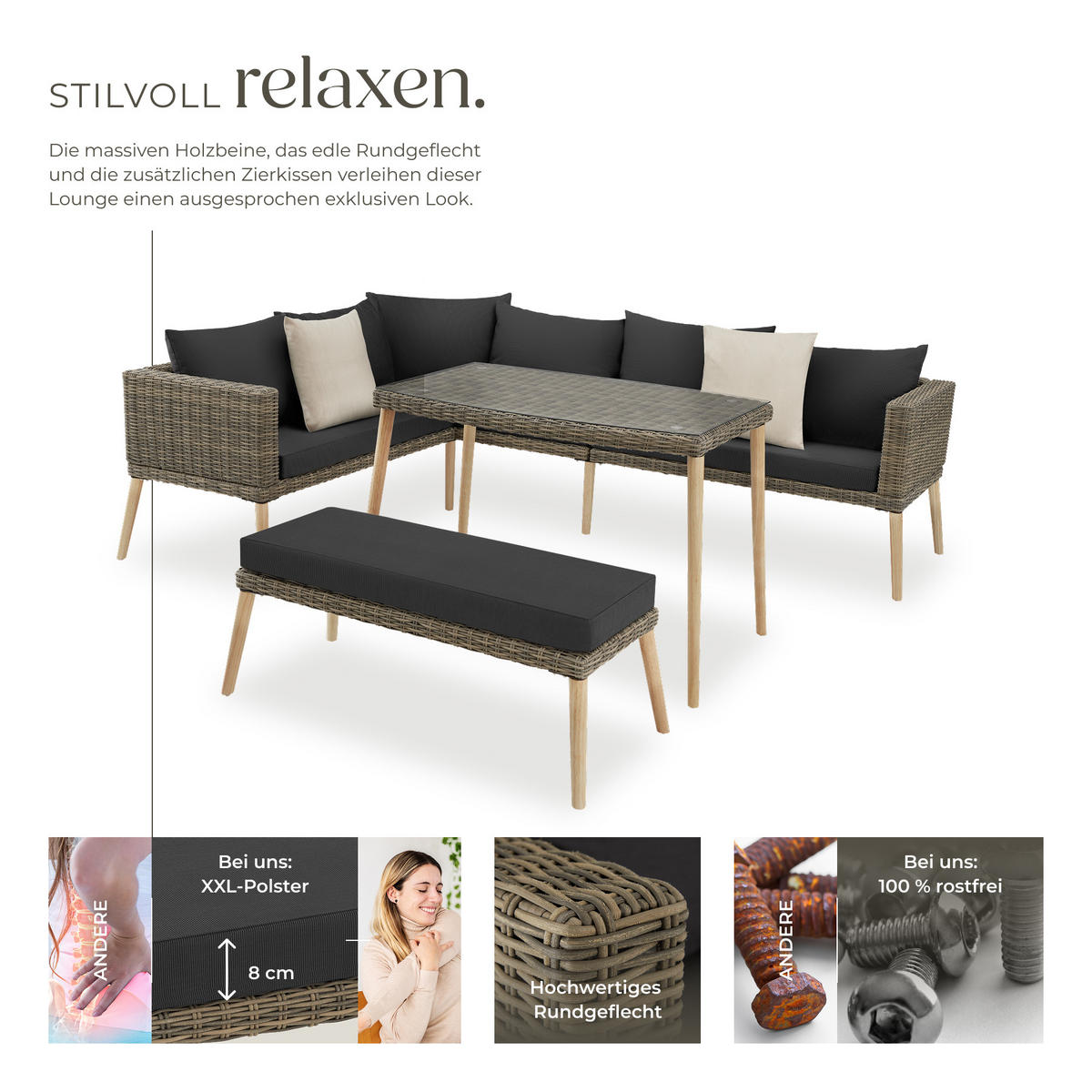 RATTANLOUNGE Pula,mit Sicherheitsglasplatte,natur - Naturfarben, Kunststoff/Metall - tectake