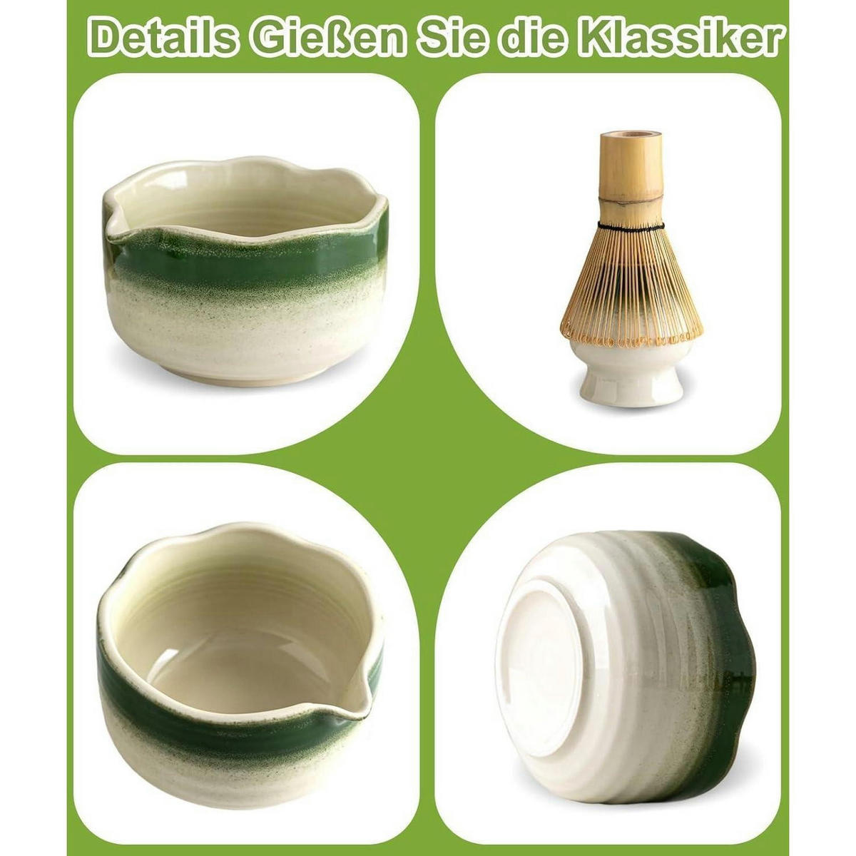 MATCHA Set 7-teilig mit Bambusbesen und Schale - Grün, Keramik (15/10/20cm)