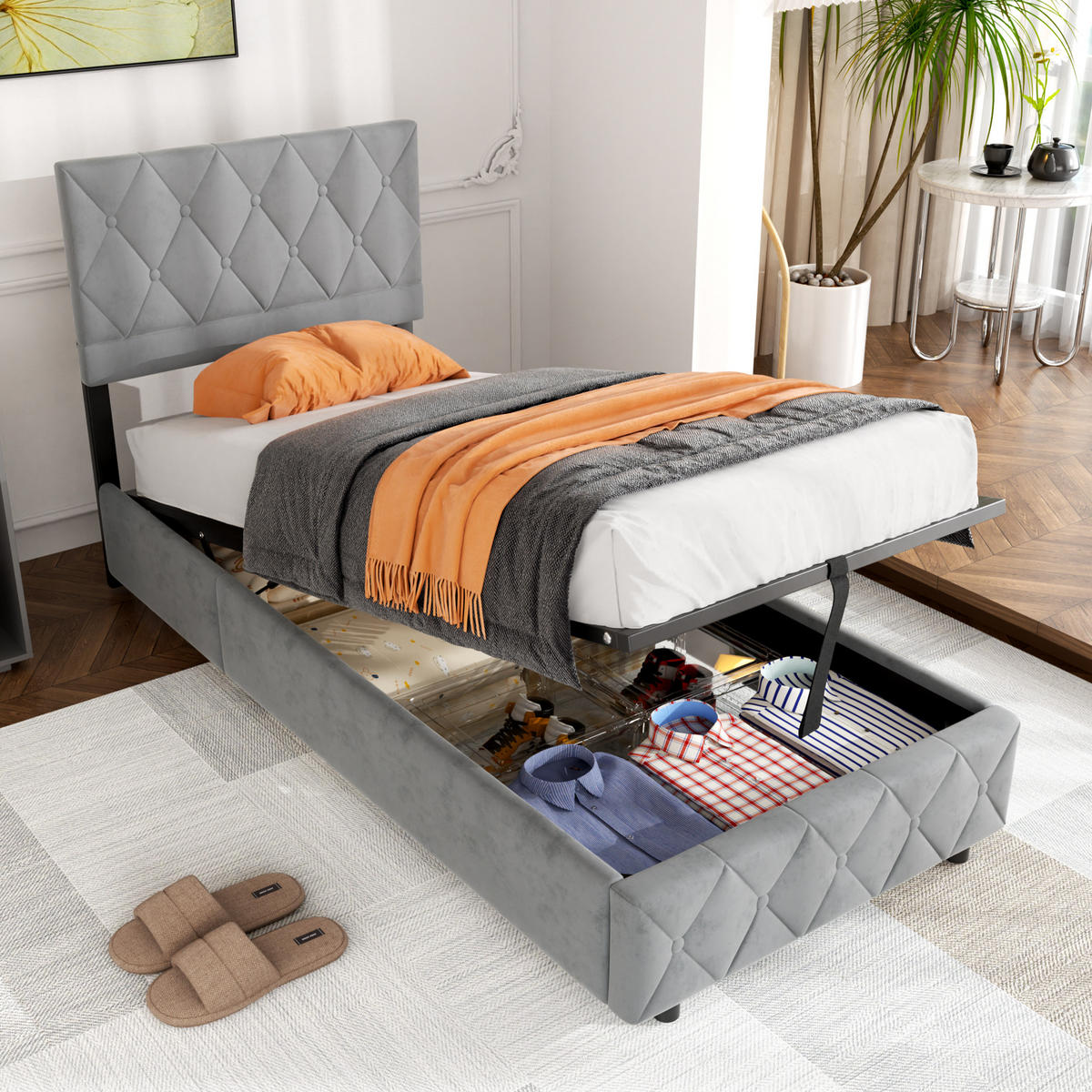 POLSTERBETT aus Samt 90x200 cm Grau mit hydraulischem Stauraum - Grau, Textil (90/200cm) - Modfu