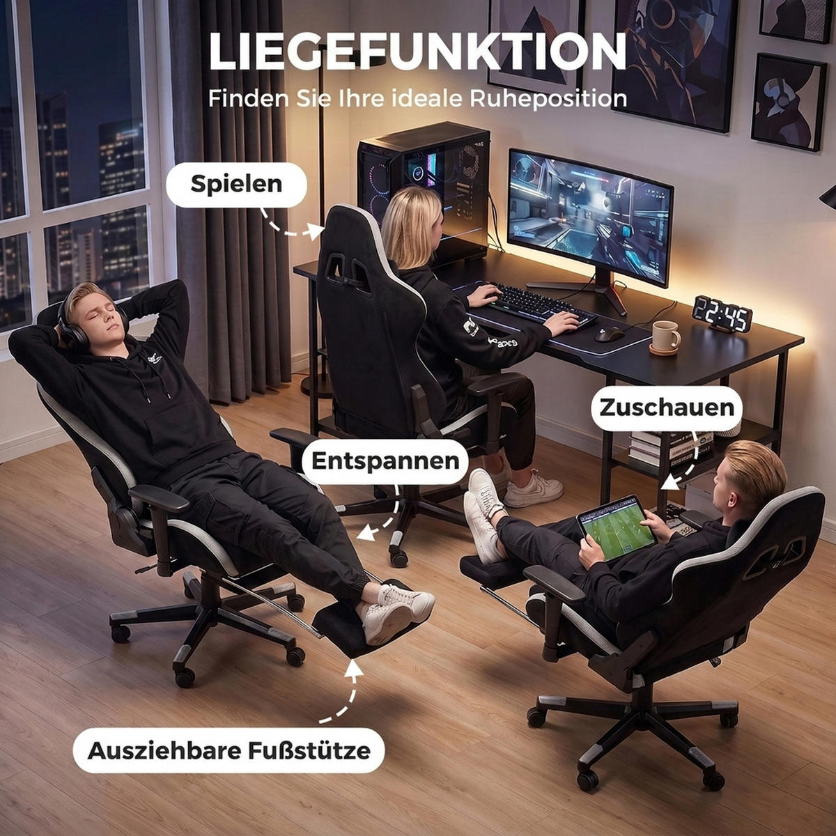 GAMING-STUHL Polyester Schwarz - Schwarz, Kunststoff/Textil (73/137.5/70.5cm) - HOMCOM