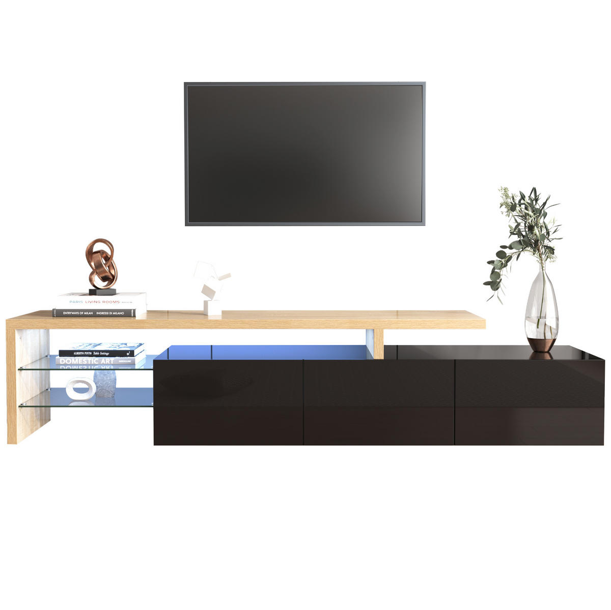 LOWBOARD 197,5/39/42 cm aus MDF und Glas mit 7-farbiger LED-Beleuchtung Schwarz/Natur - Naturfarben, Holzwerkstoff (197.5/42/39cm) - Modenvie