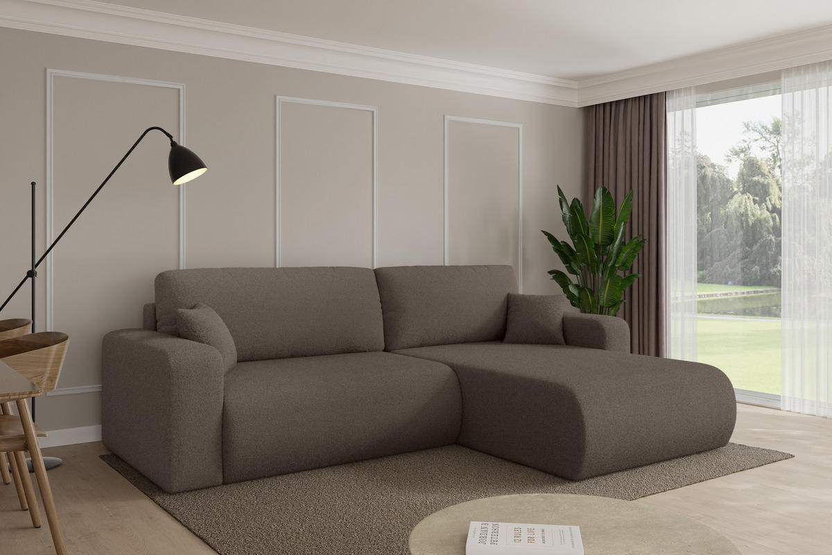 ROHOVÁ SEDAČKA s funkcí spaní, otoman vpravo BERY-L 276x193x88 hnědá bouclé - černá/hnědá, kompozitní dřevo/textil (276/193cm) - ALTDECOR