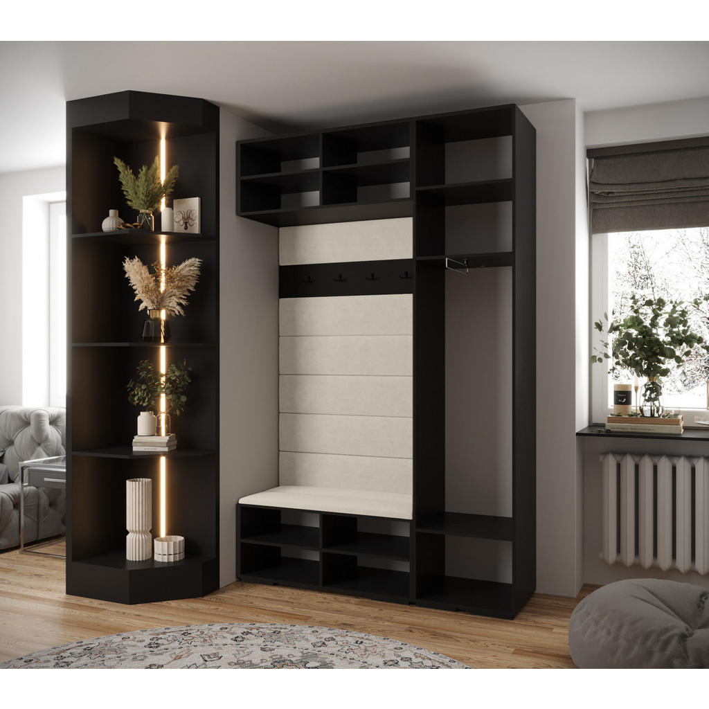 Thumbnail - Abiks Möbel Garderoben-Set, Schwarz, Braun, Schwarz, Kunststoff, Nachbildung, 2-Sitzer, 7 Fächer, 150x236.7x47 cm, Garde...