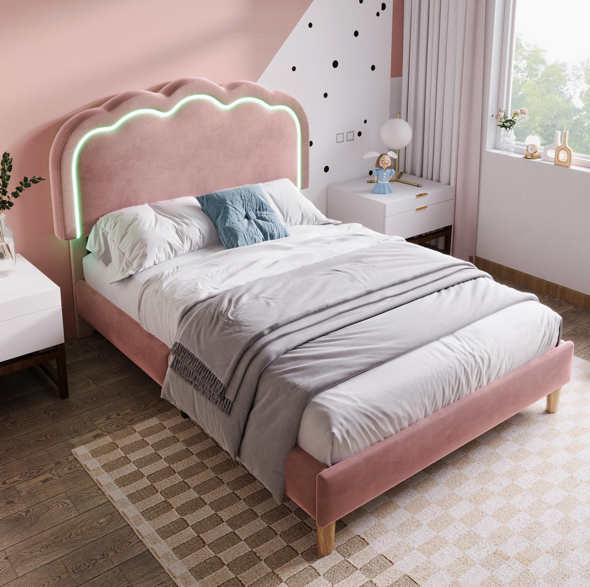 POLSTERBETT 90/190 cm Rosa aus Samt mit LED-Kopfteil - Pink, Textil (90/200cm) - OKMYHOME
