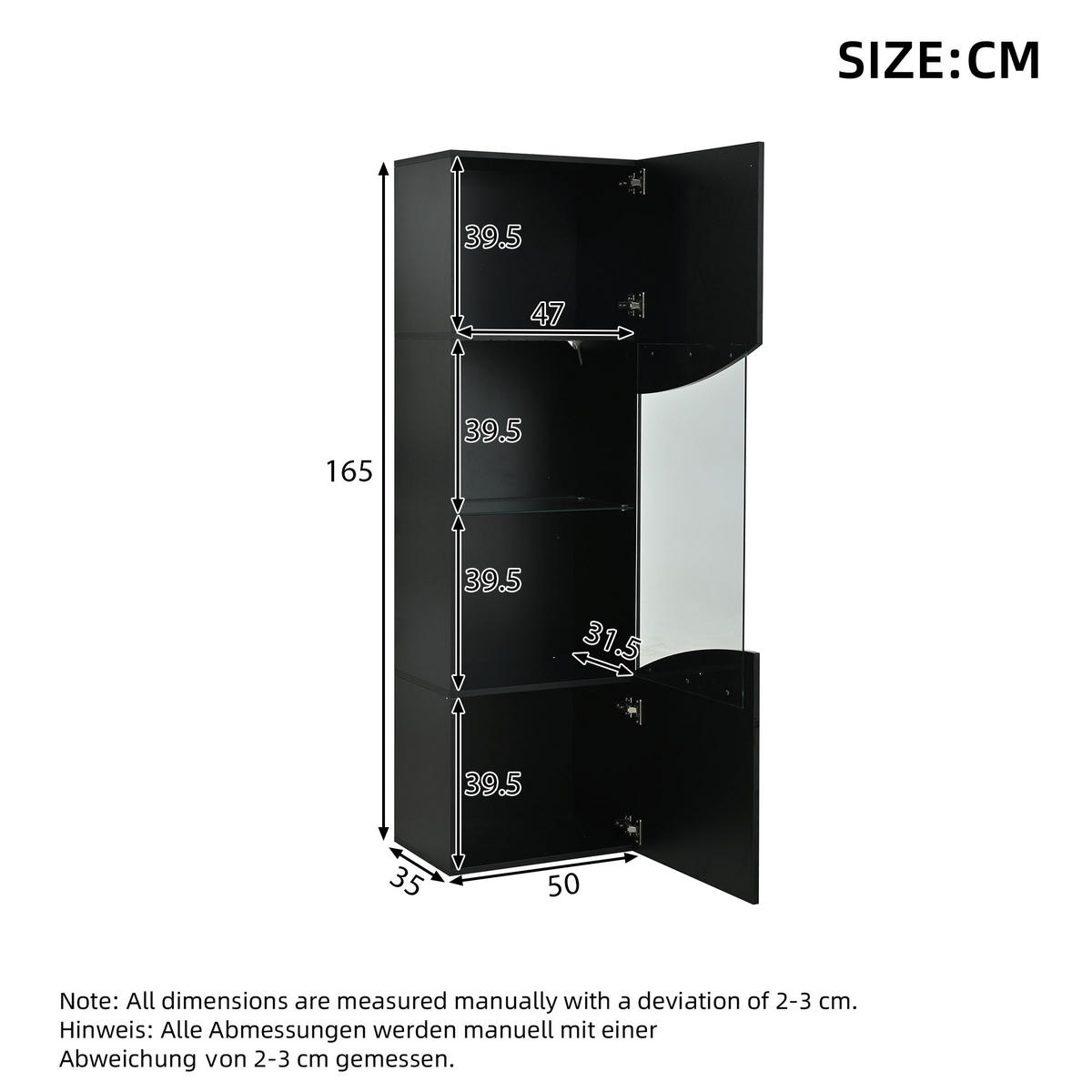VITRINE LED Hochglanz Vitrinenschrank Wellenoptik 165cm Schwarz - Schwarz, Holzwerkstoff (35/165/50cm) - FLIEKS