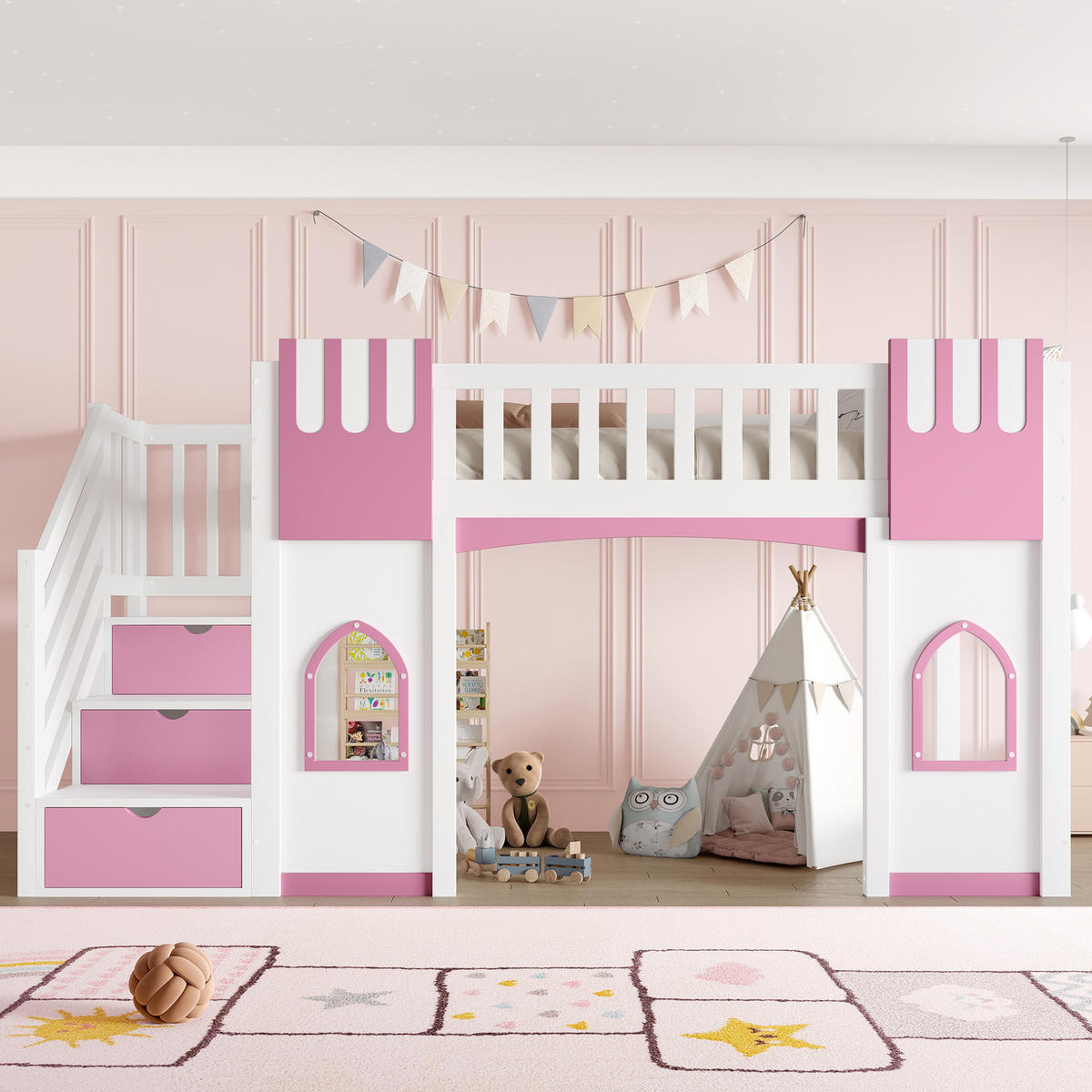 HOCHBETT 90/200 cm aus MDF, Kiefer und Sperrholz mit Stauraumtreppe und Fenstern Weiß/Rosa - Weiß, Holzwerkstoff (90/200cm) - Modenvie