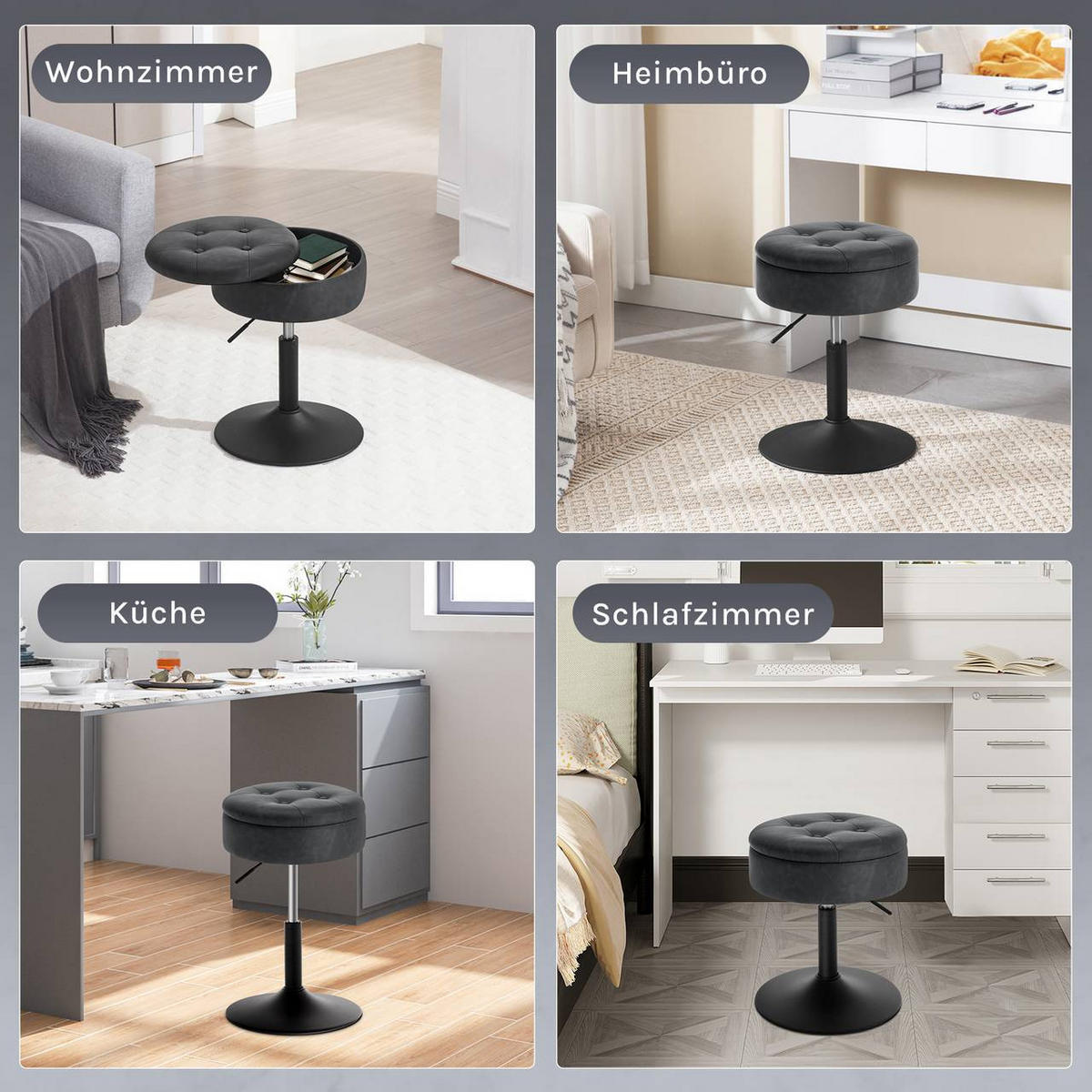 SITZHOCKER 2er Set, mit Stauraum, Kunstleder, Anthrazit - Anthrazit/Schwarz, Textil/Metall (38.5/50/38.5cm) - Woltu