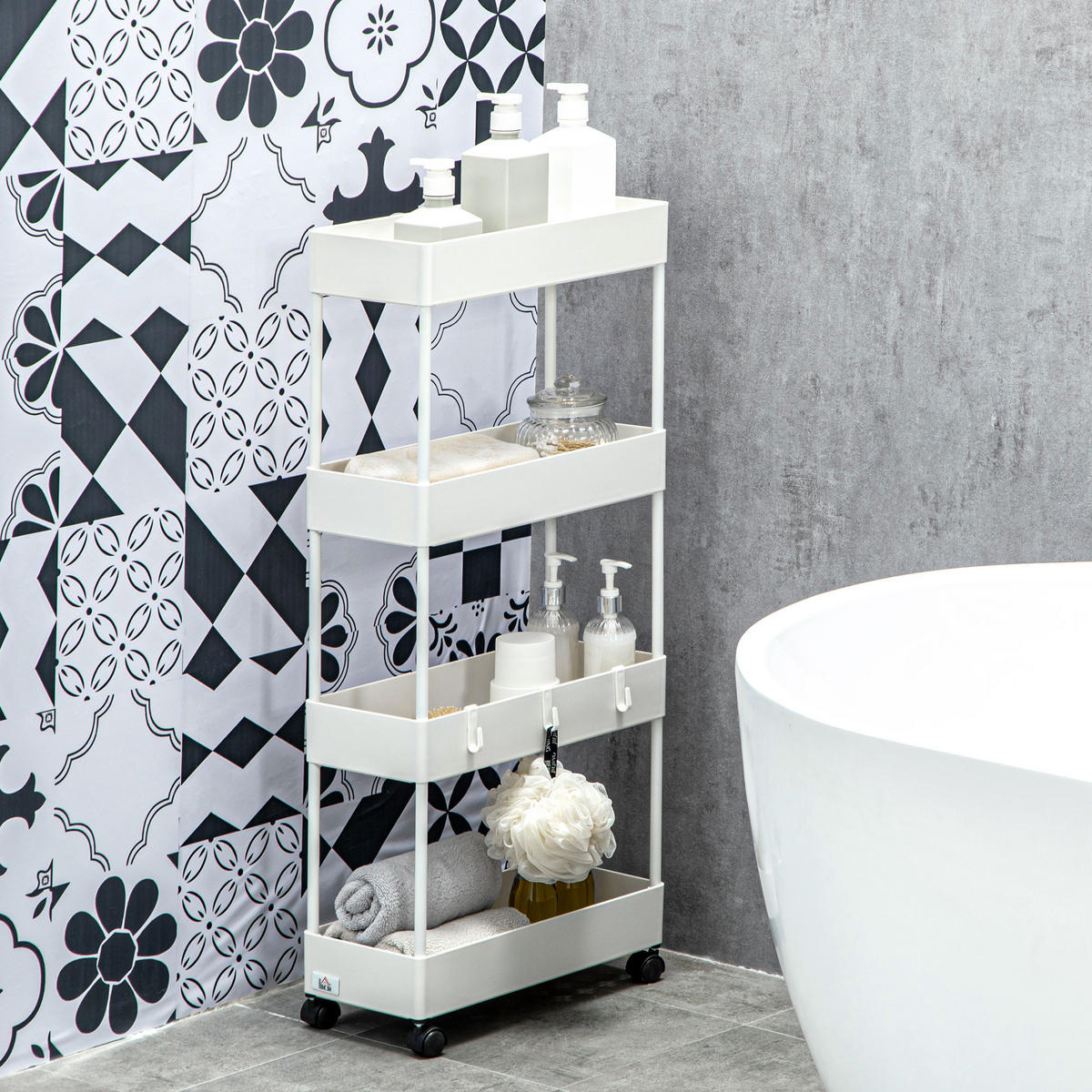 ROLLWAGEN, Küchenregal mit 4 Ebenen, Aufbewahrungsregal mit Rollen, Küchenwagen - Weiß, Metall (19/90/40cm) - HOMCOM